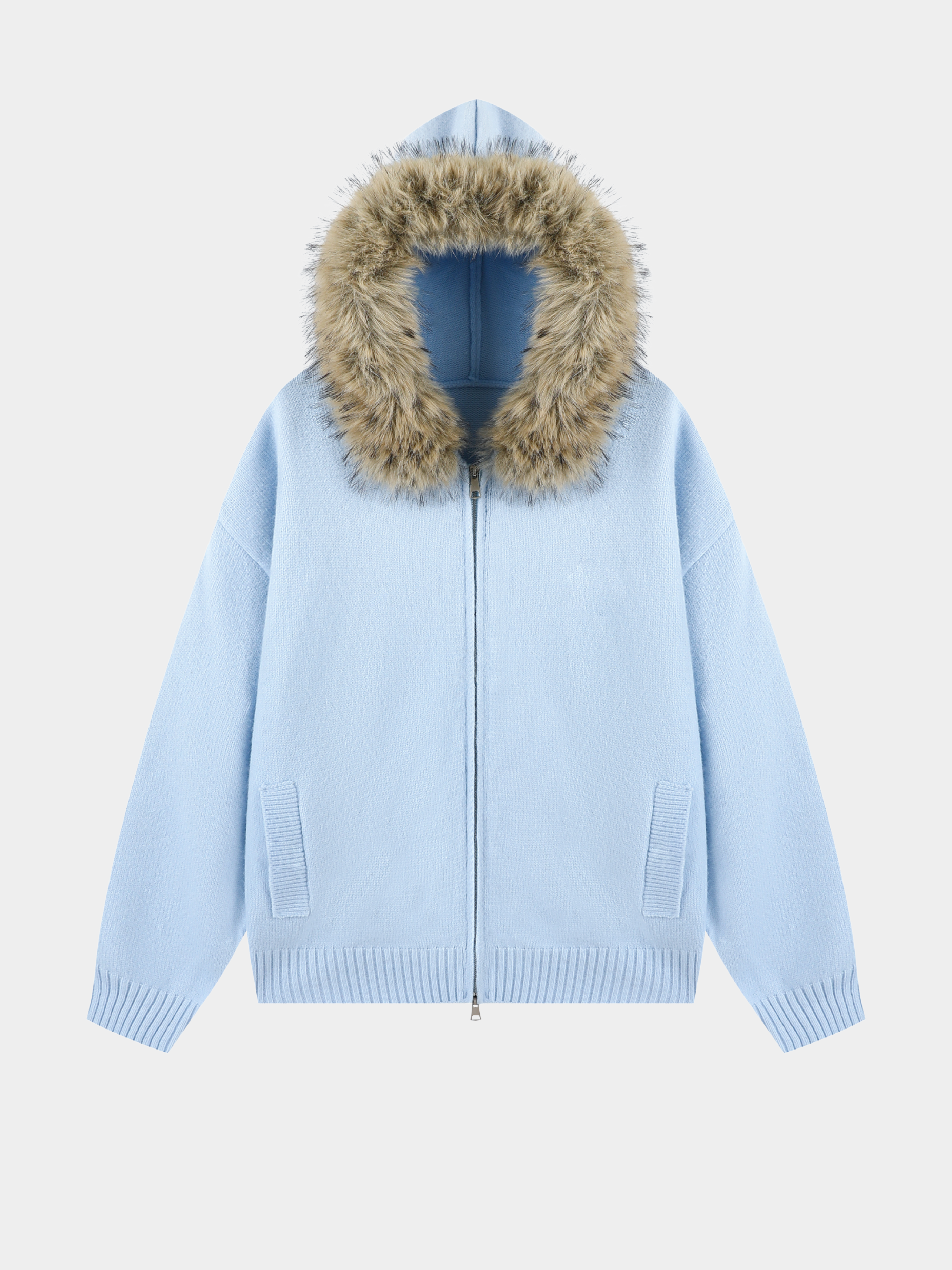 EchoPath - Unisex Solid Color Double Zipper Fur Collar Cardigan Jacket