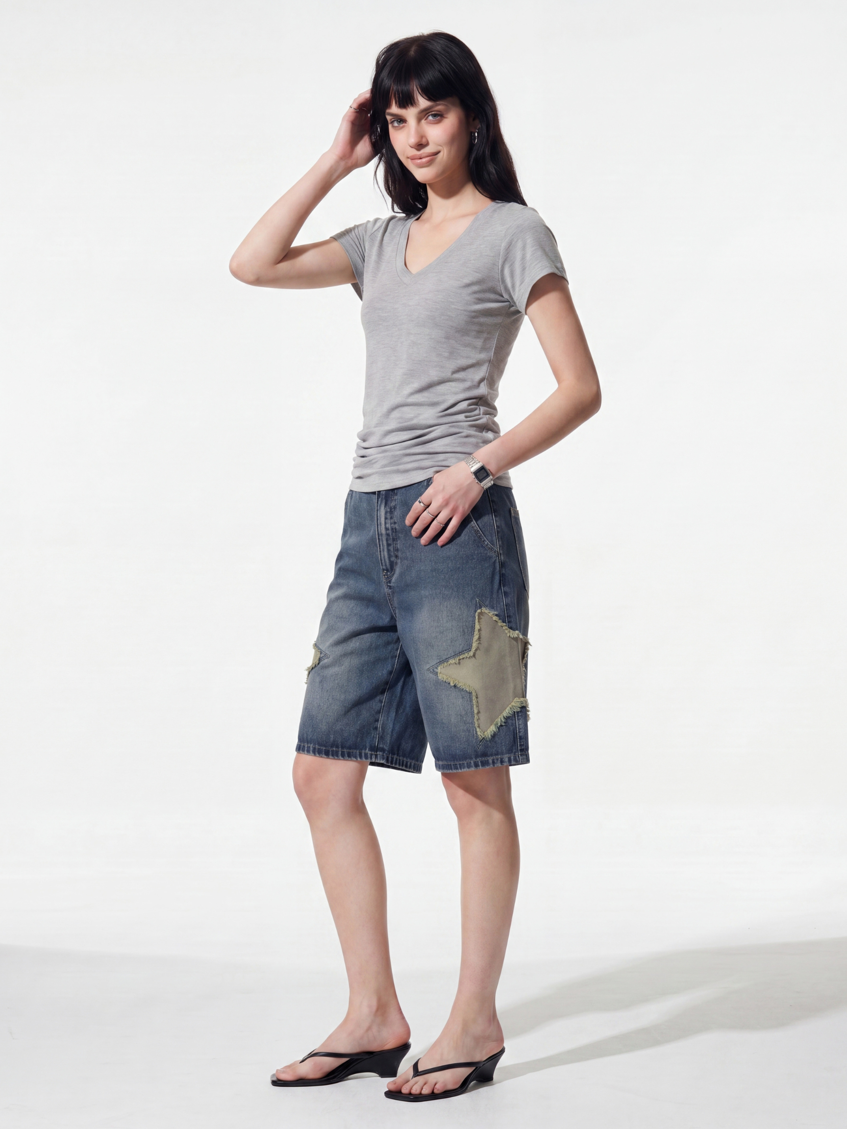 StarStitch - Women's Star Embroidered Denim Bermuda Shorts