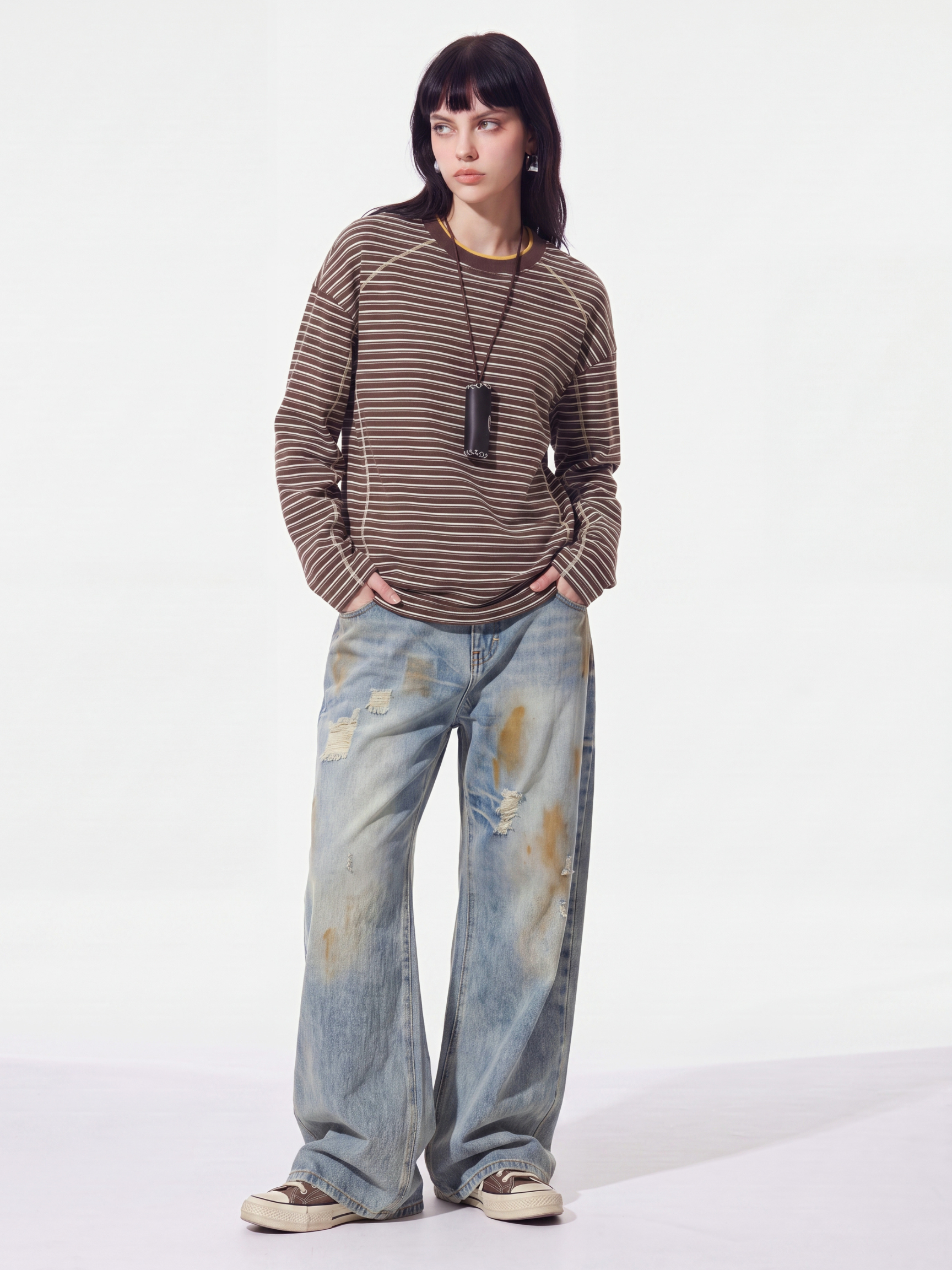 DualDrift - Color-Block Striped Crew Neck T-Shirt