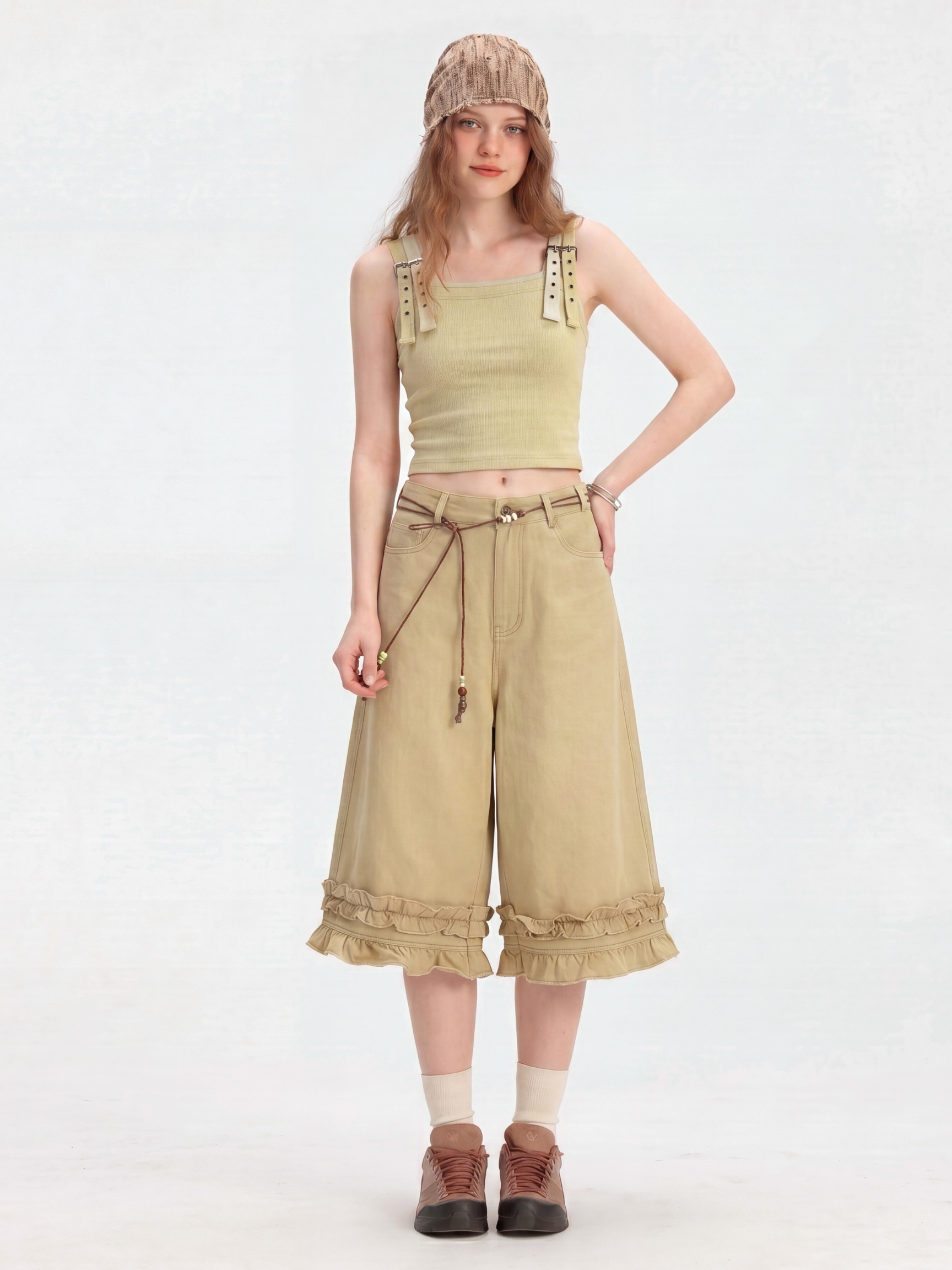 SatinFlow - Women's Adjustable Strap Two-Layer Look Cropped Tank Top