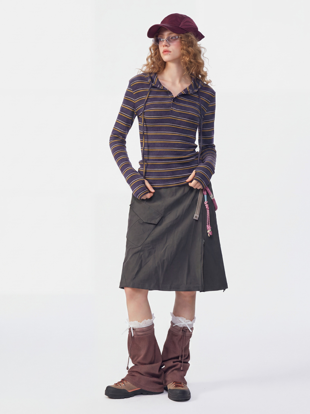 HueDrift - Women's Striped Slim Fit Hooded Base Layer Top