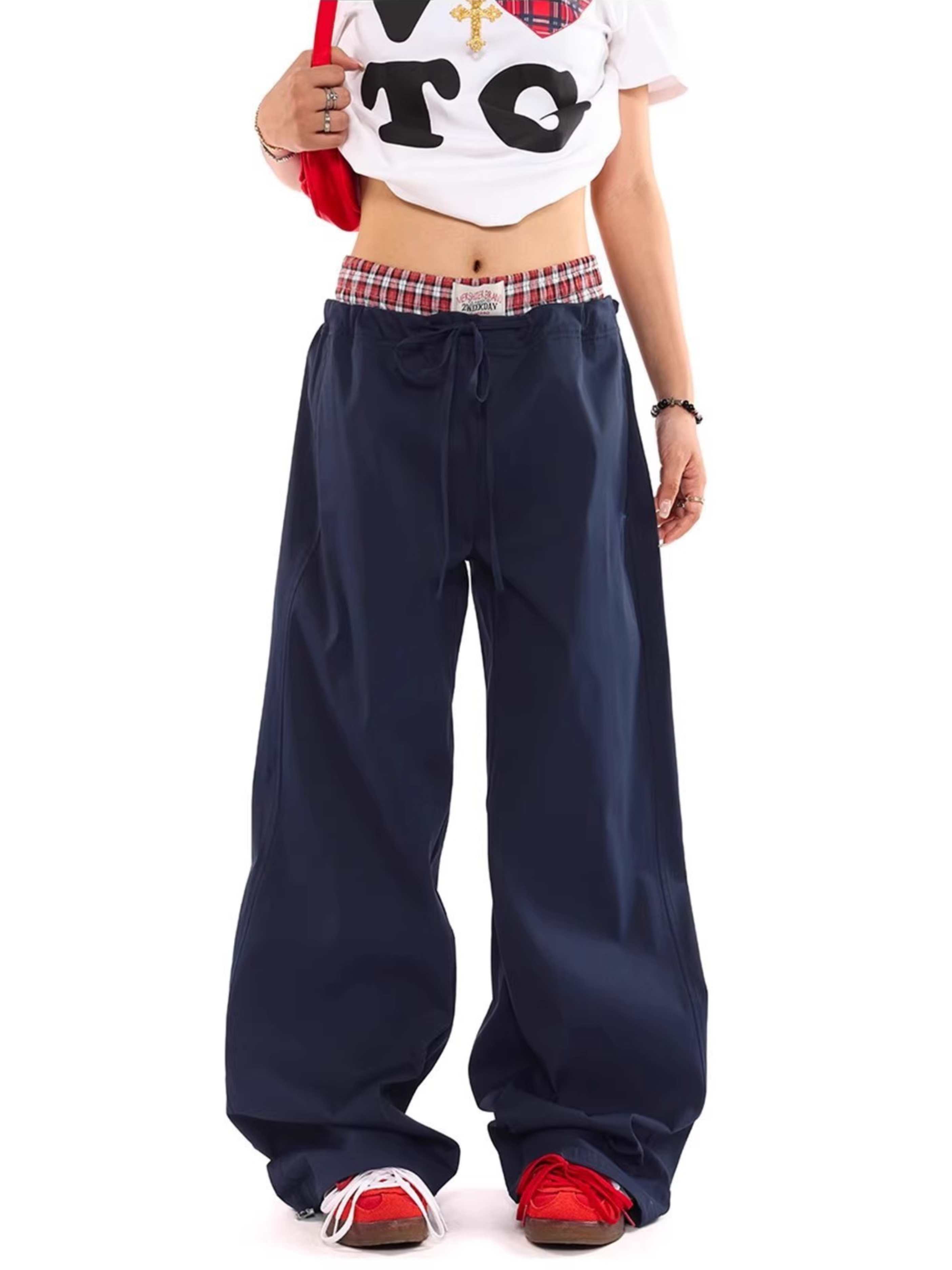 StoneTote - Women's Color-Block Checkered Drawstring Work Pants