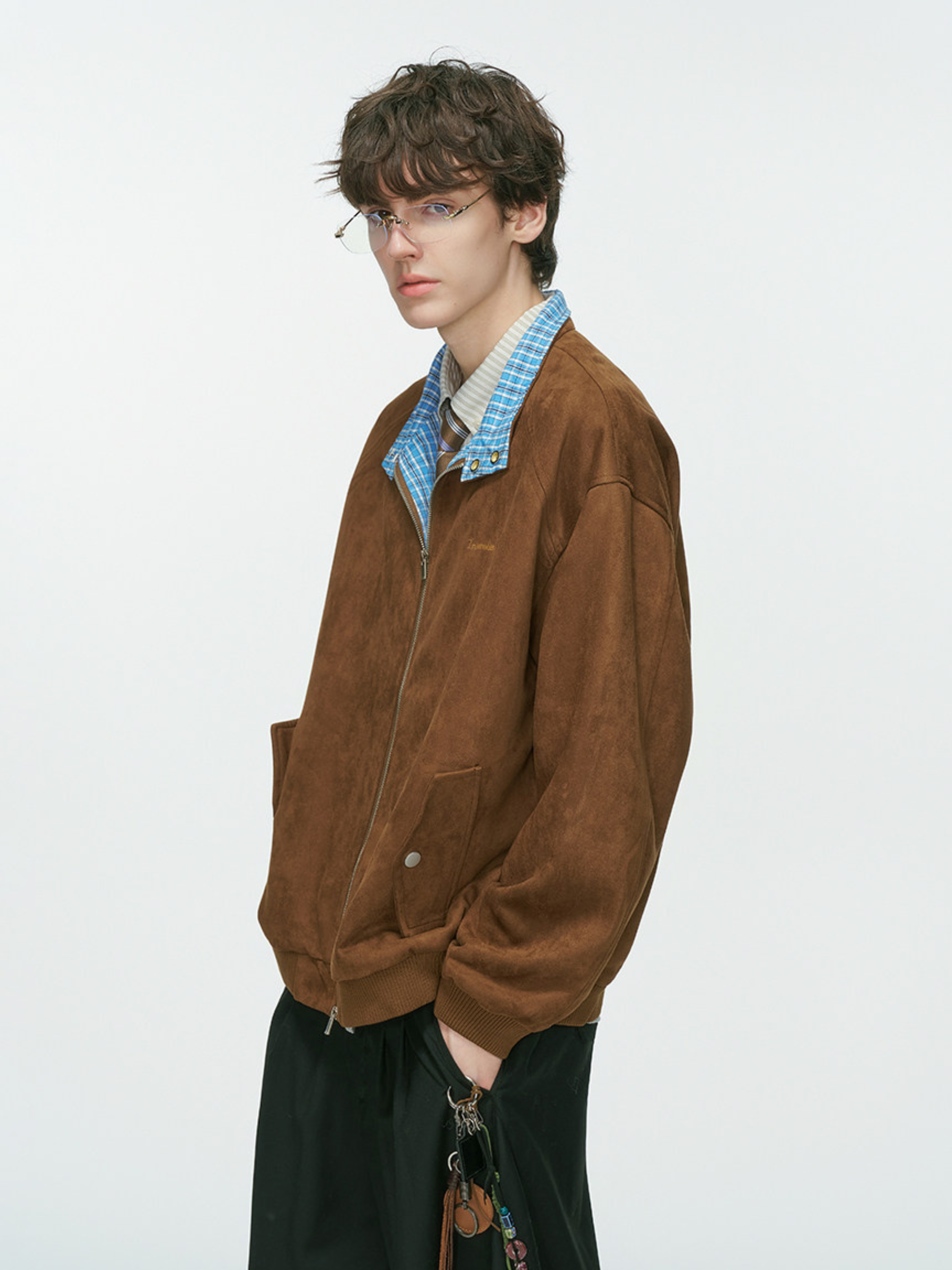 Cougarsong - Men's Check Panel Faux Suede Jacket