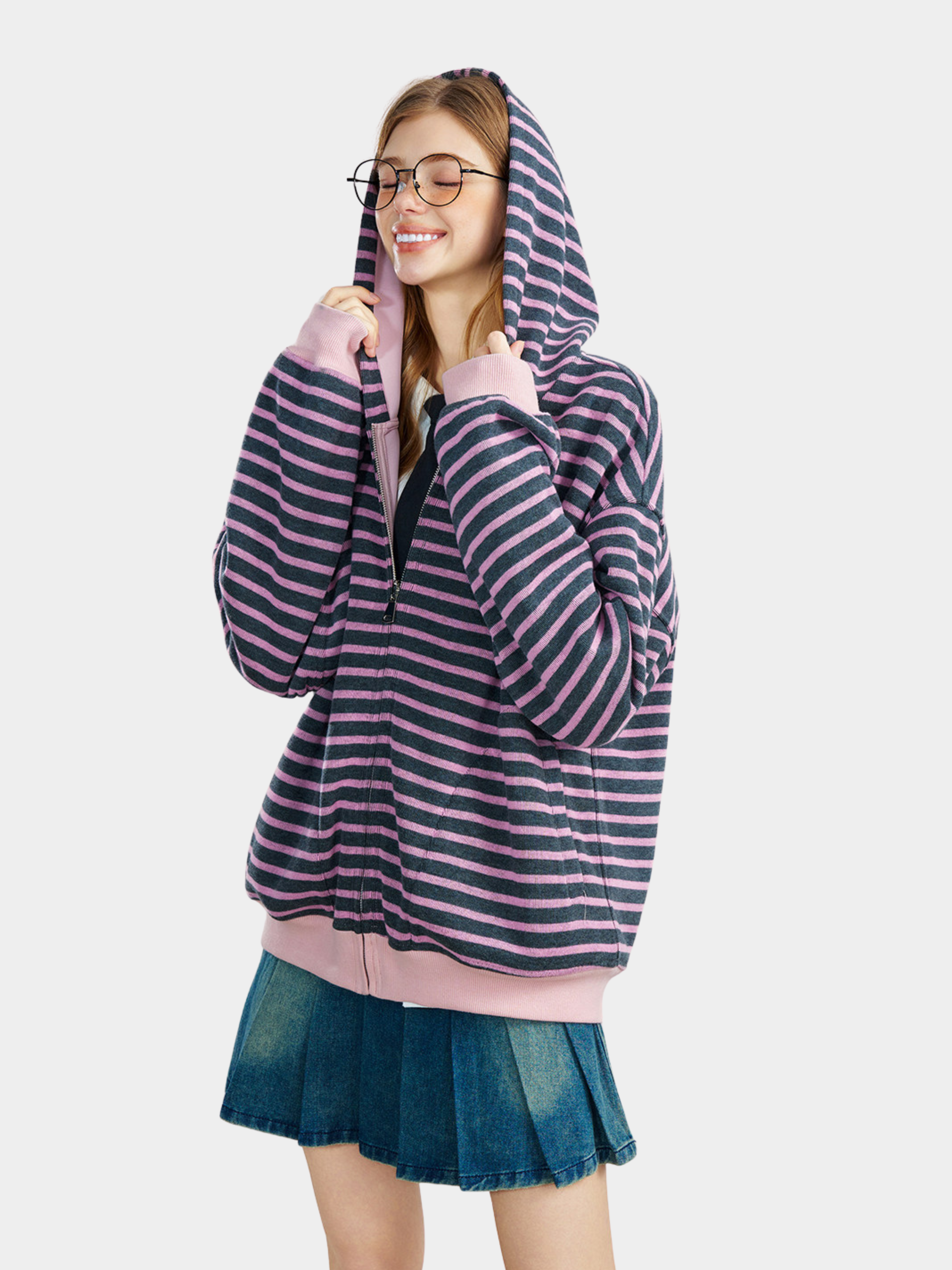 Ashrise - Unisex Striped Color-Block Hooded Zip-Up Sweatshirt