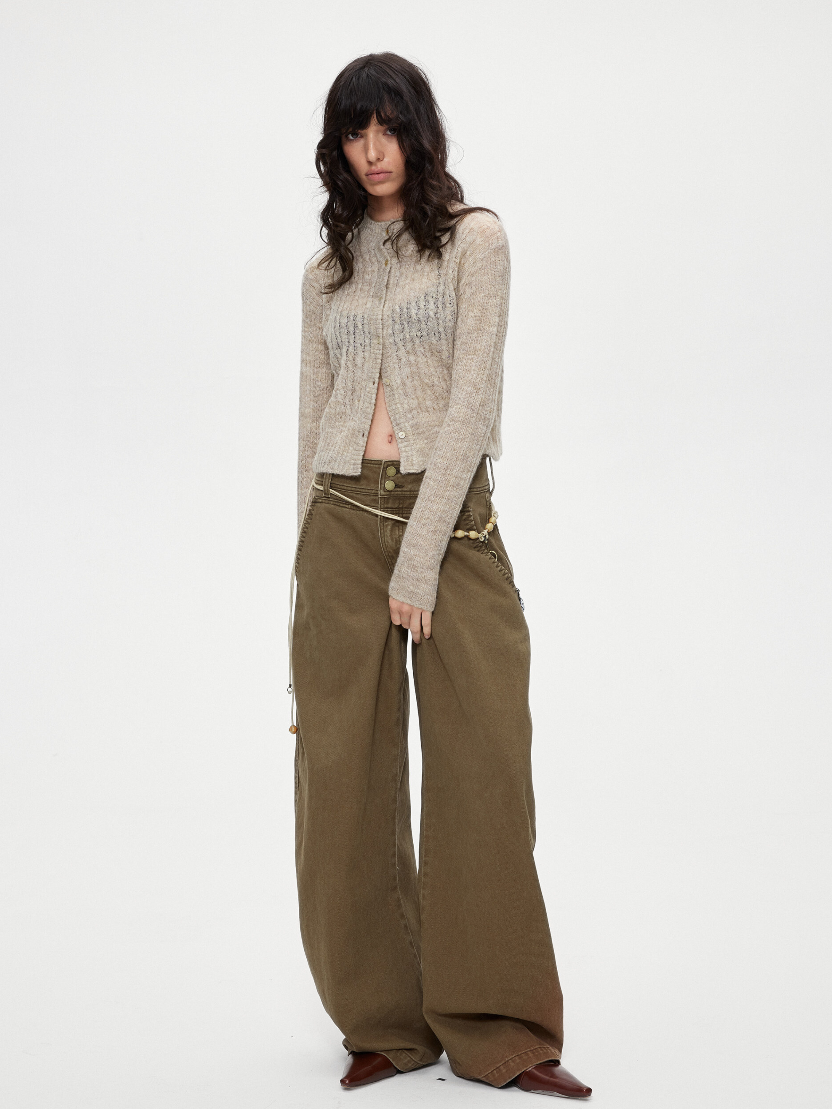 Ashgap - Women's Dual-Button Twill Cotton Curved-Leg Pants