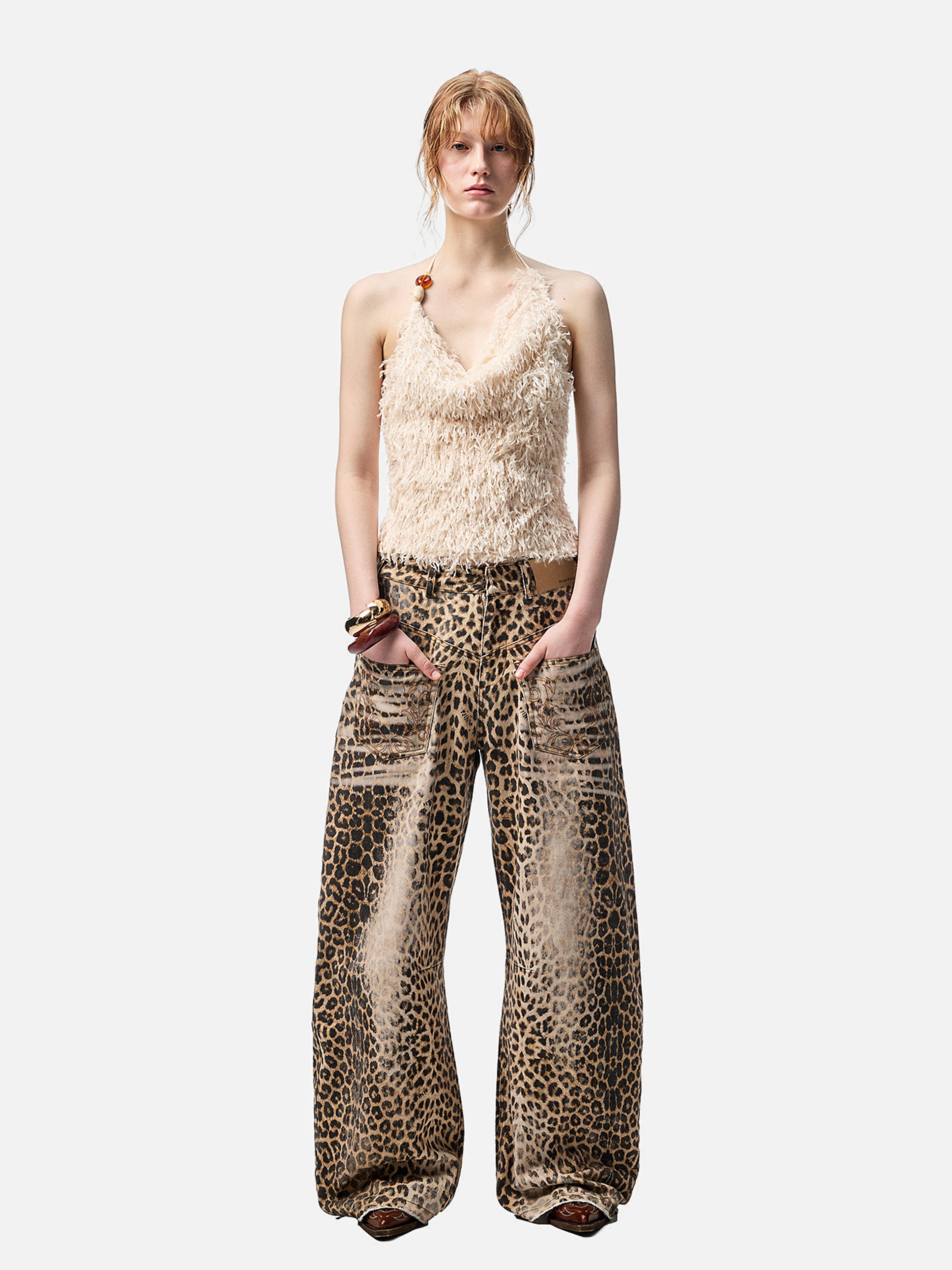 Nightflare - Women's Washed Leopard Print Canvas Barrel-Leg Pants