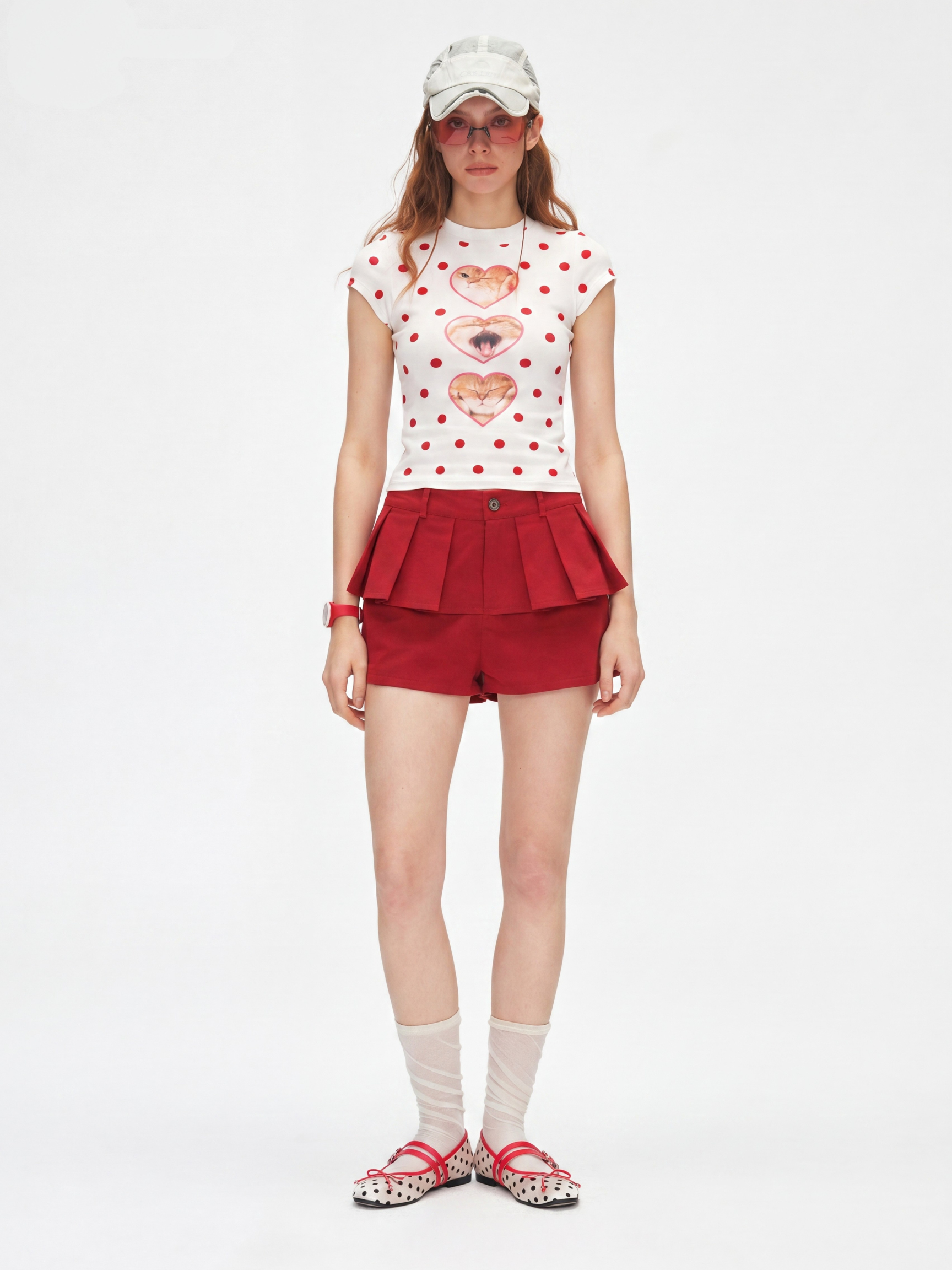 PopTart - Women's Polka Dot Cat Print Fitted Cropped T-Shirt