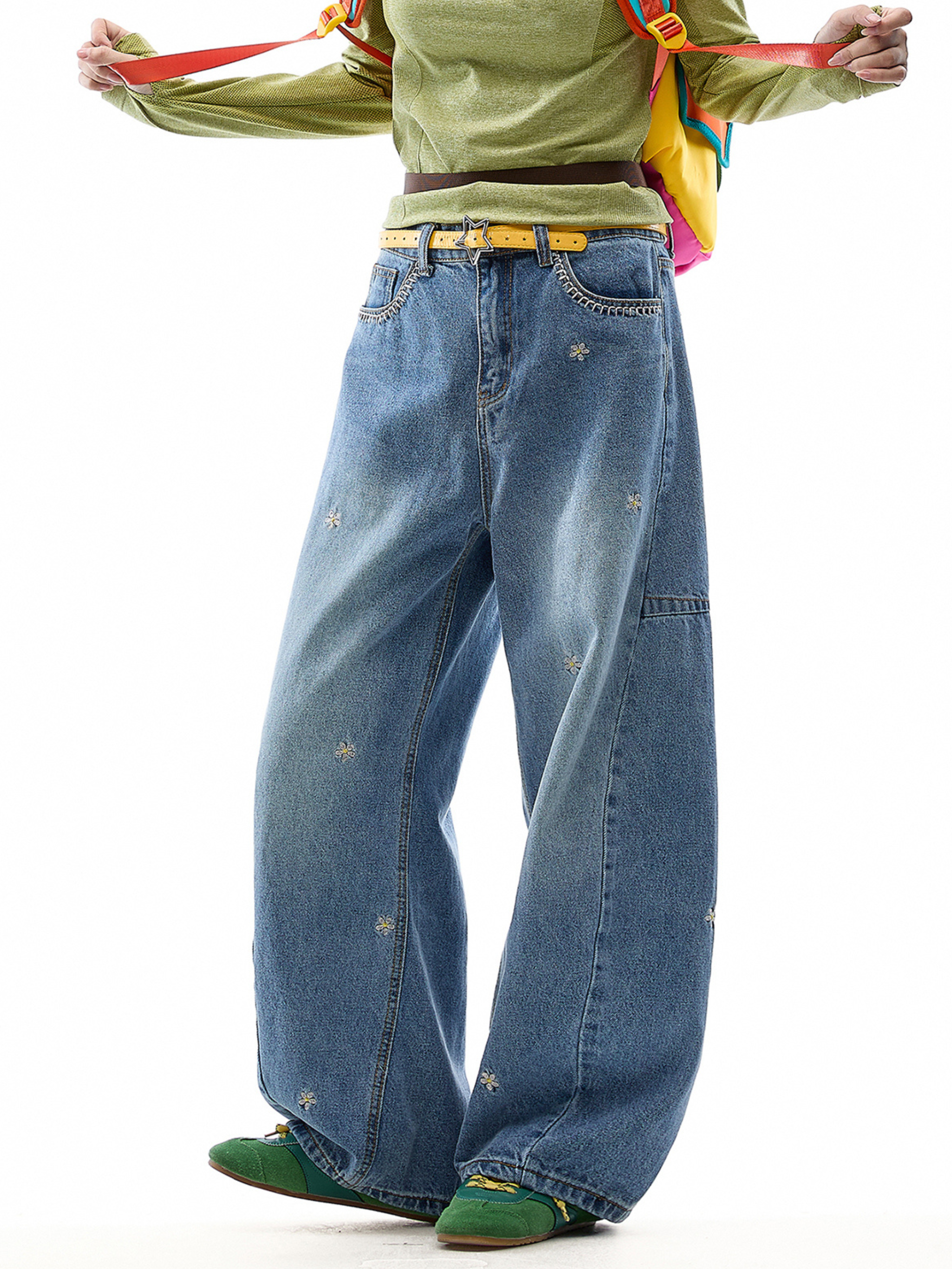 Wildheart - Women's Floral Embroidered Wide-Leg Washed Jeans