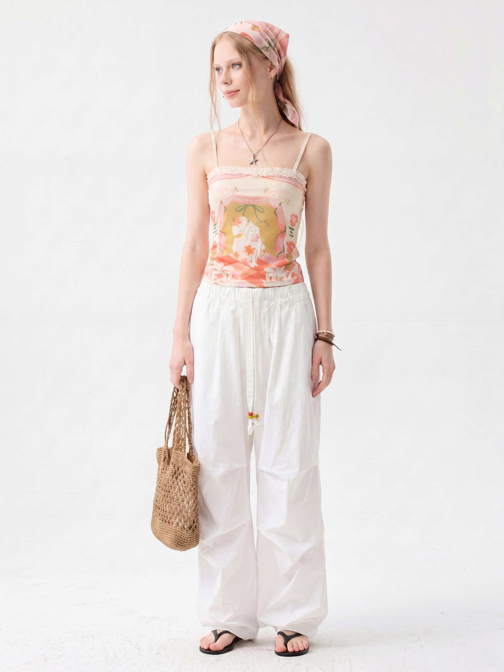 CherryGlow - Women's Floral Cat Print Lace Trim Cami Top