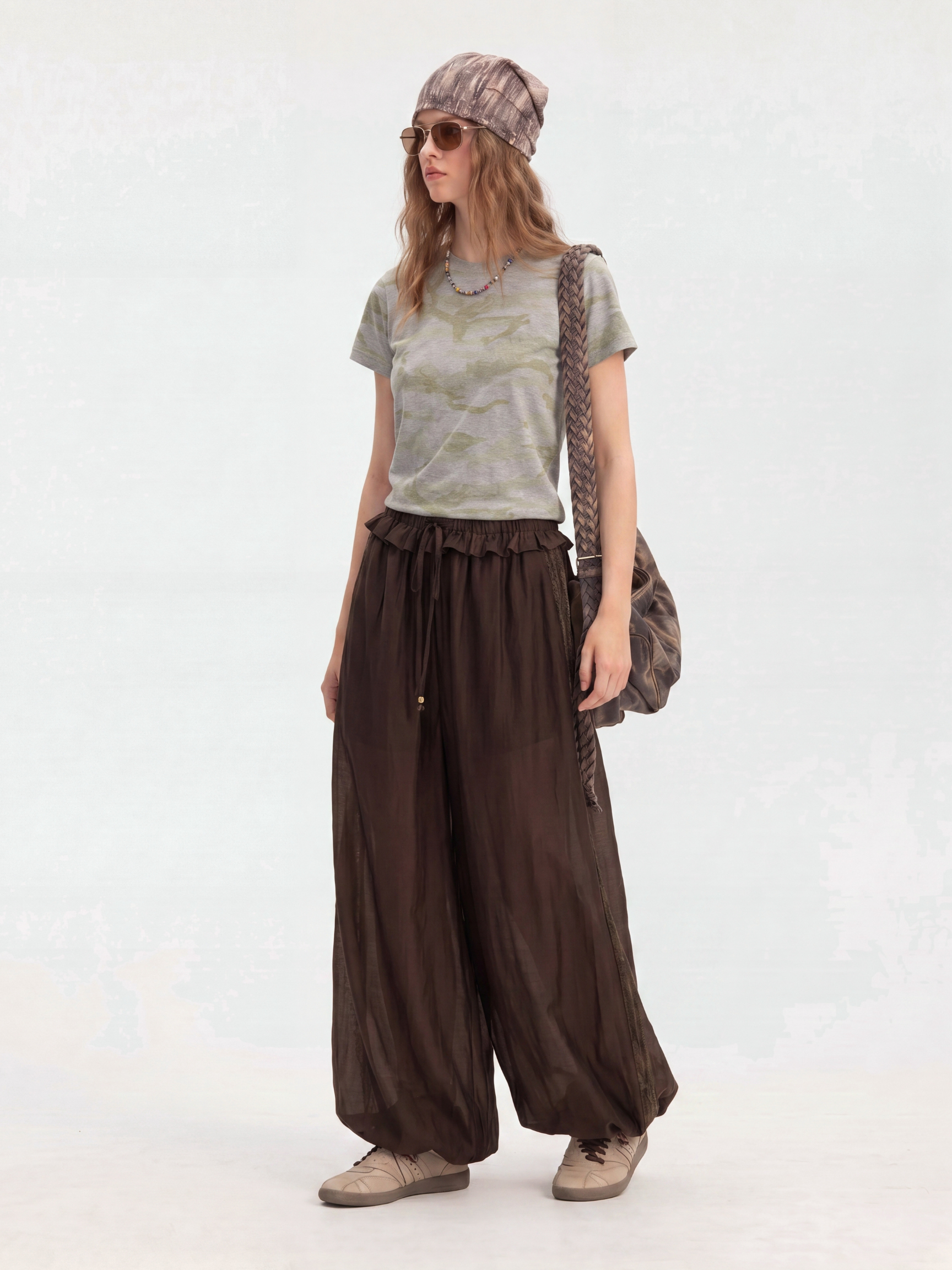 BirchWisp - Women's Lace Panel Drawstring Waist Balloon Pants