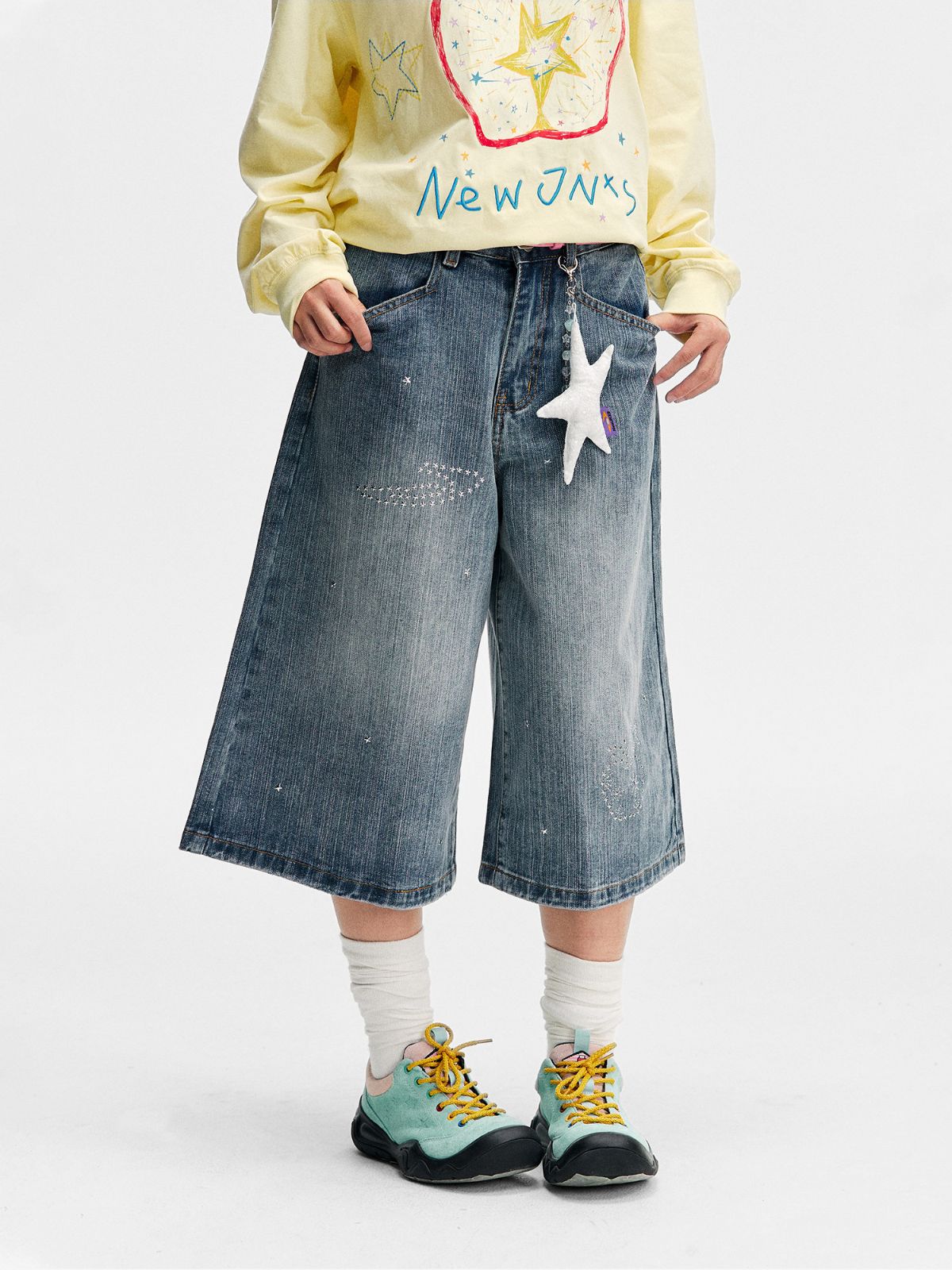 Mudcrack - Unisex Breathable Rhinestone Star Washed Denim Jeans