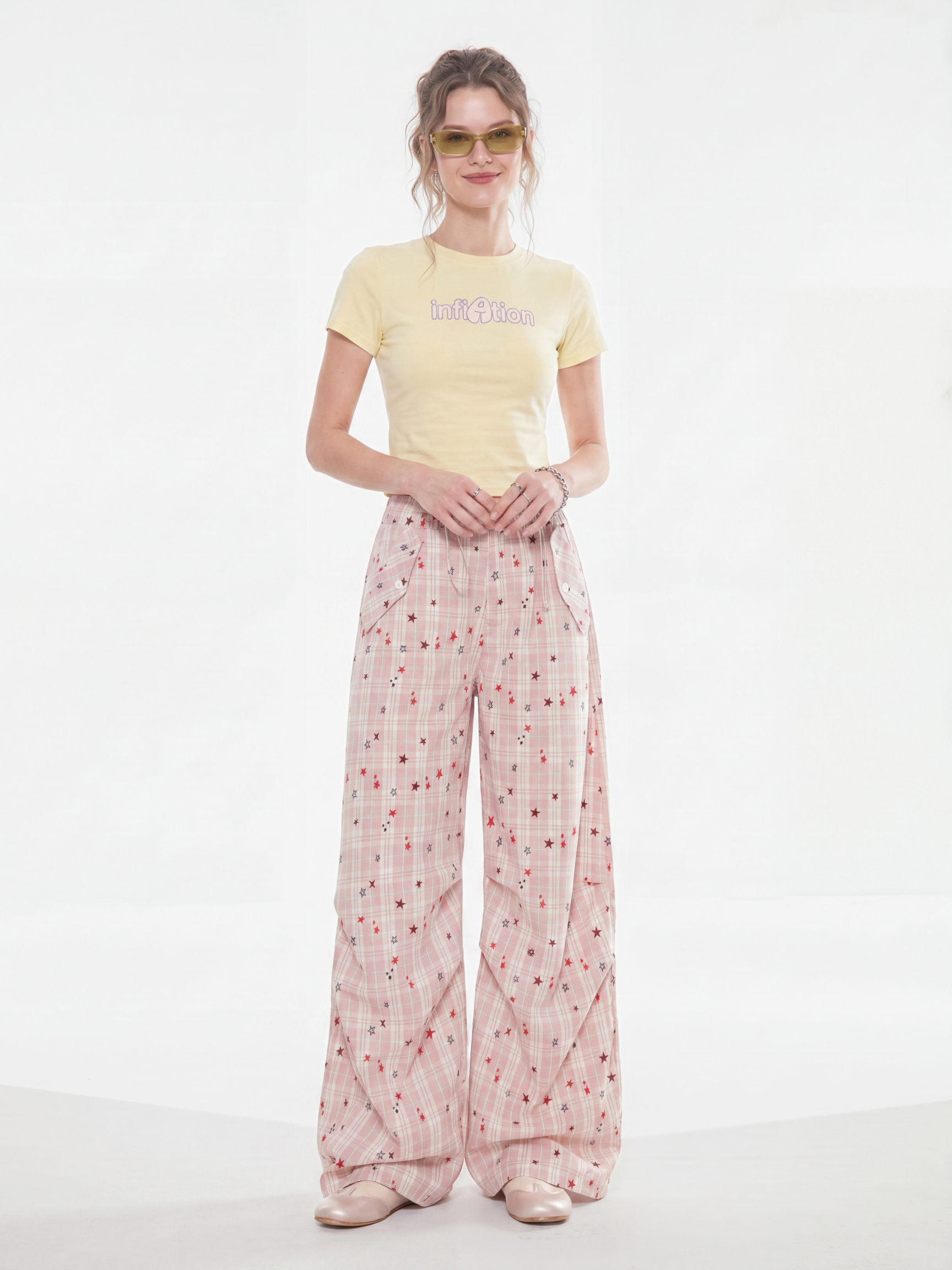 StarVeil - Women's Star Plaid Wide-Leg Curved Pants