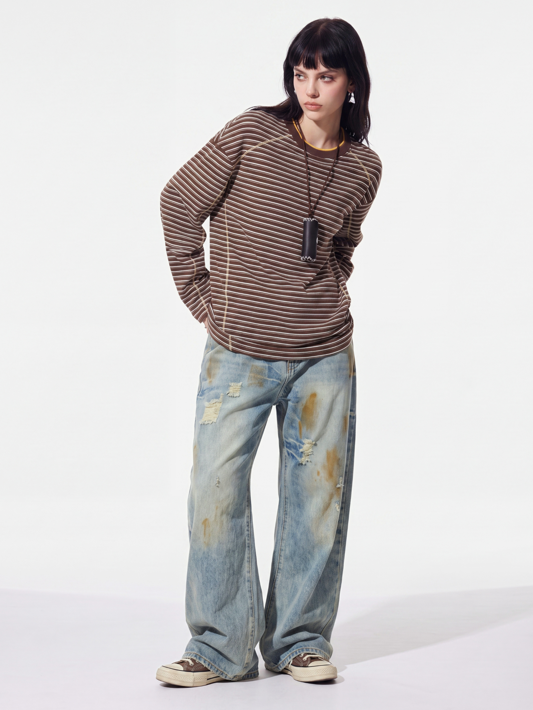 DualDrift - Color-Block Striped Crew Neck T-Shirt