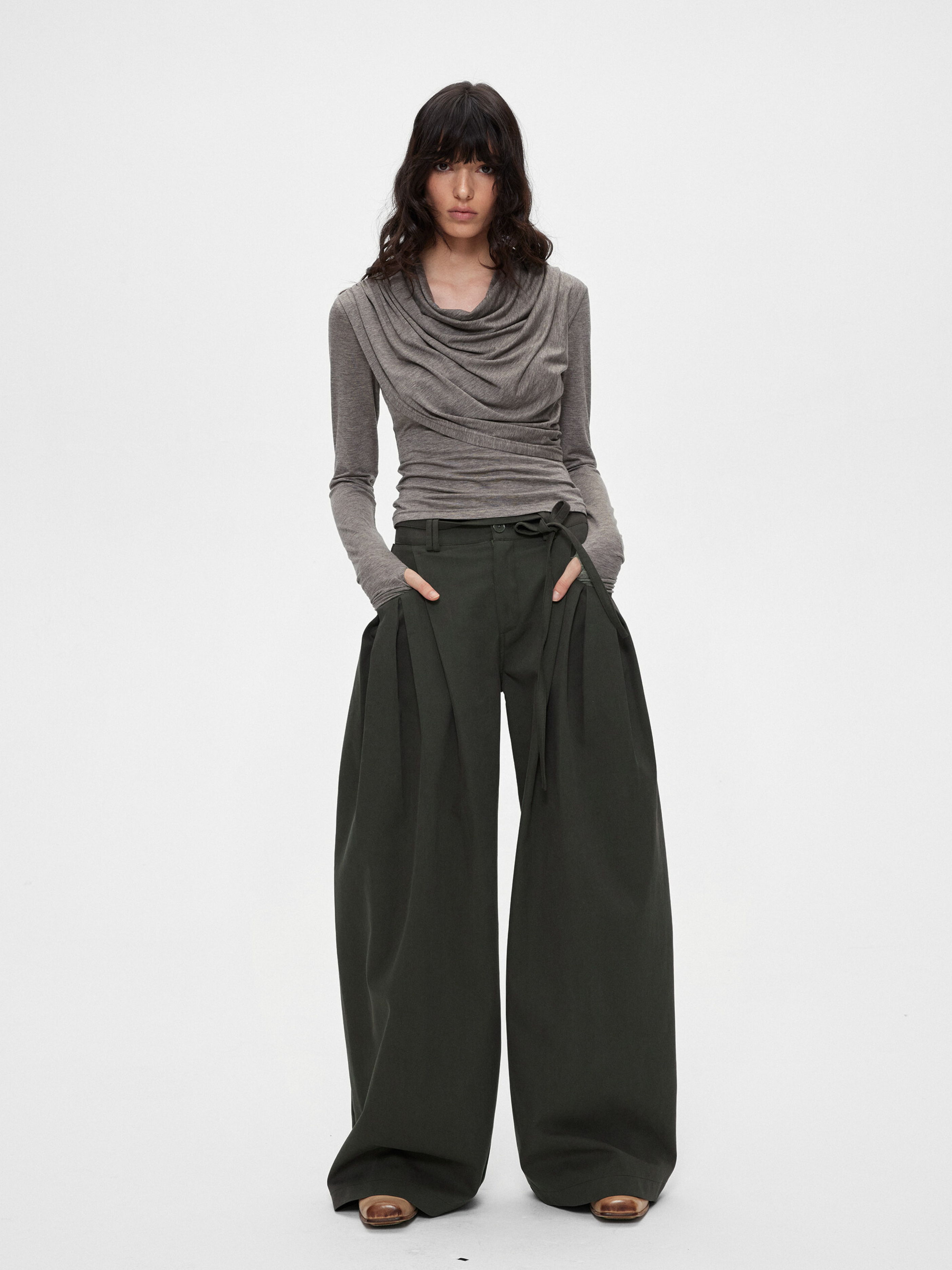 Ashfall - Women's TENCEL™ Wool Asymmetrical Cowl-Neck Long Sleeve