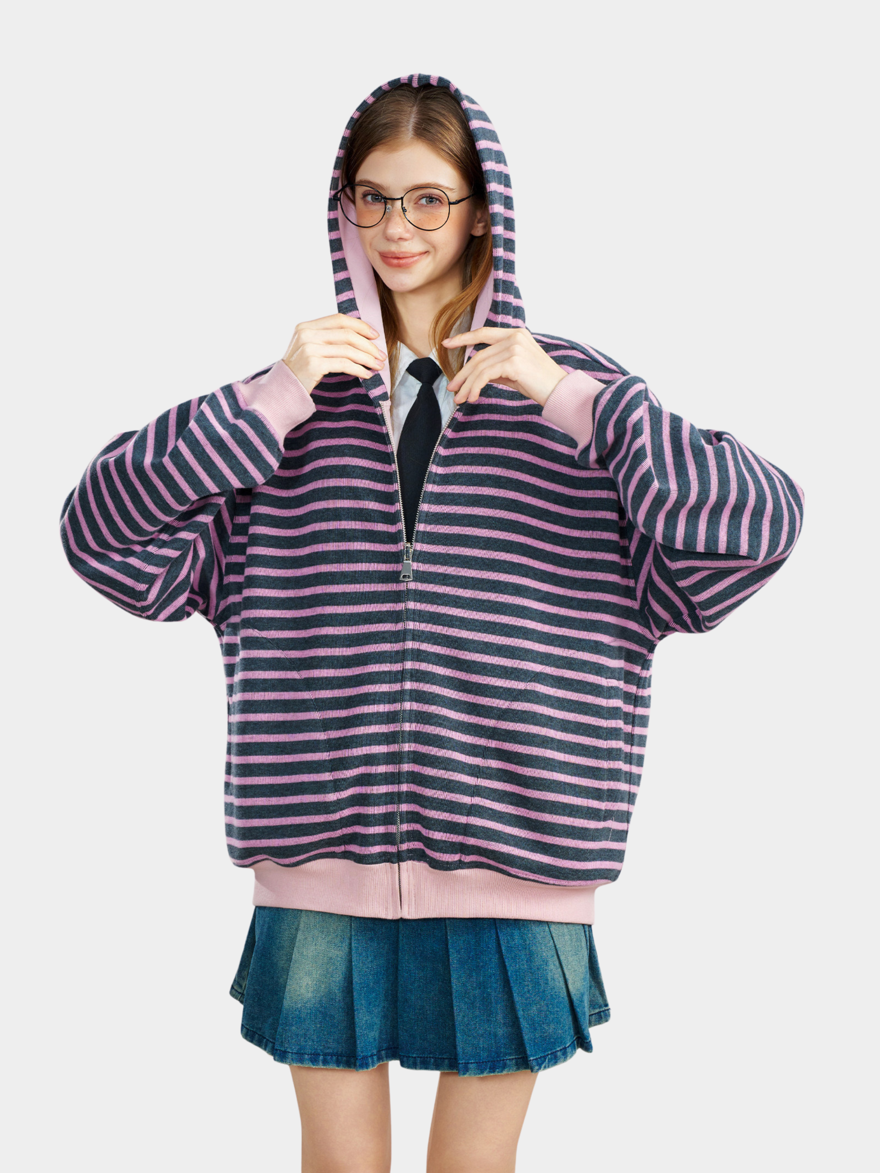 Ashrise - Unisex Striped Color-Block Hooded Zip-Up Sweatshirt