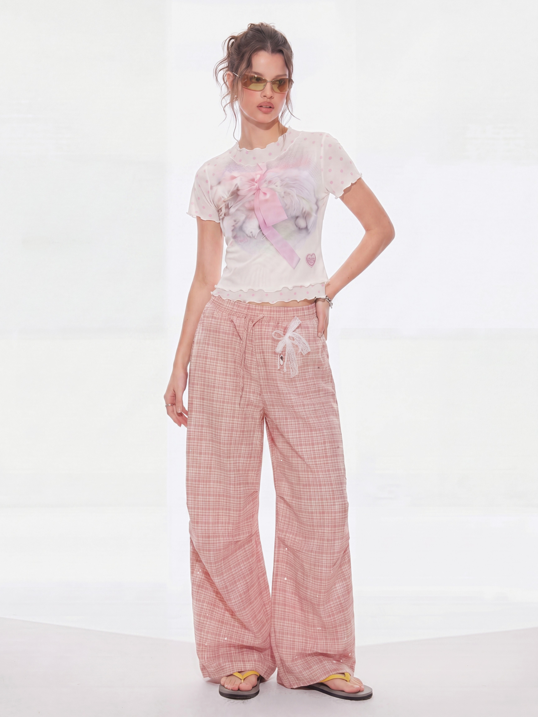 CupidFloat - Women's Plaid Rhinestone Embroidered Curved-Leg Pants
