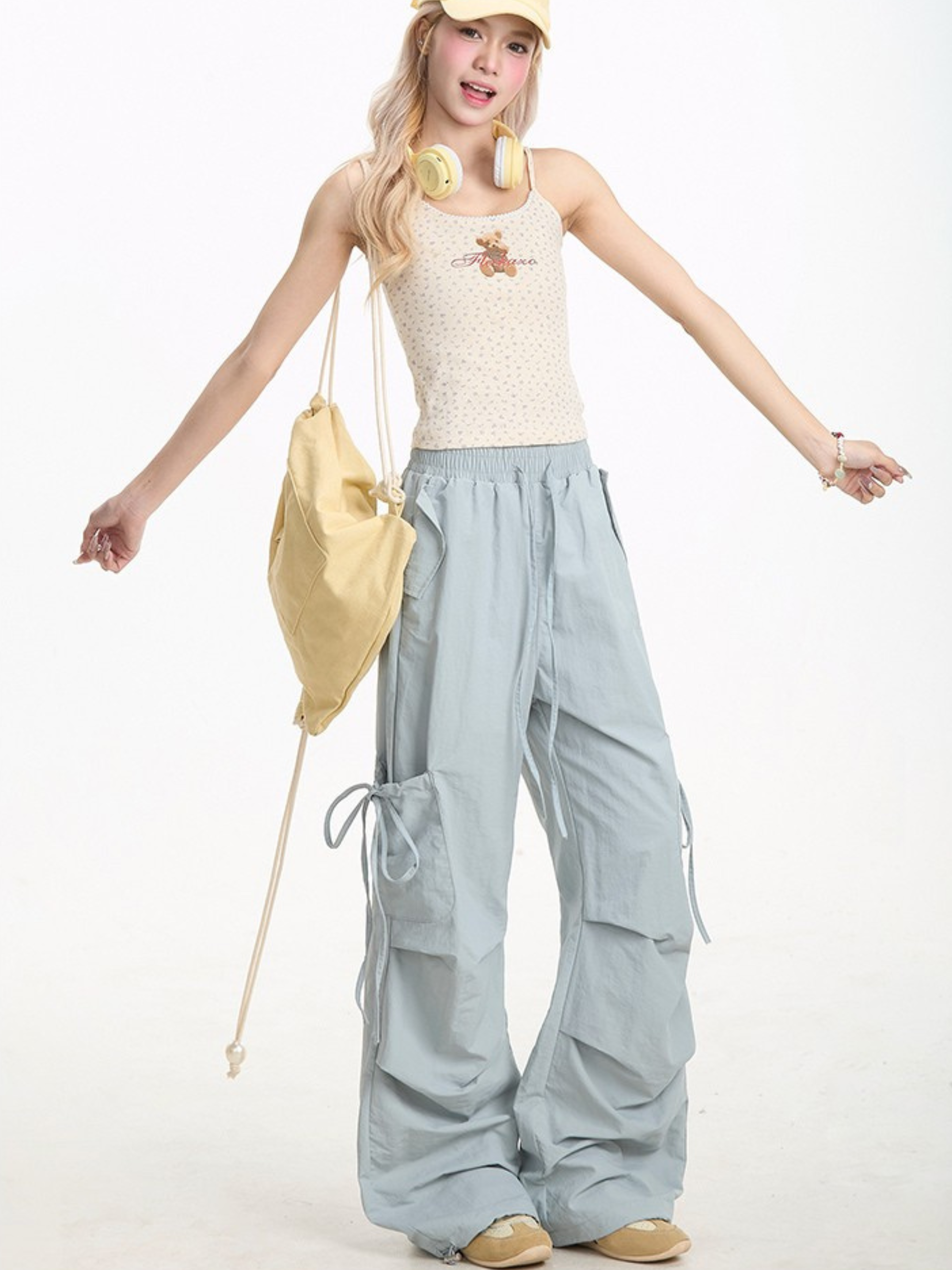 Aquarun - Women's Bow-Tie Strap Pleated Cargo Pants