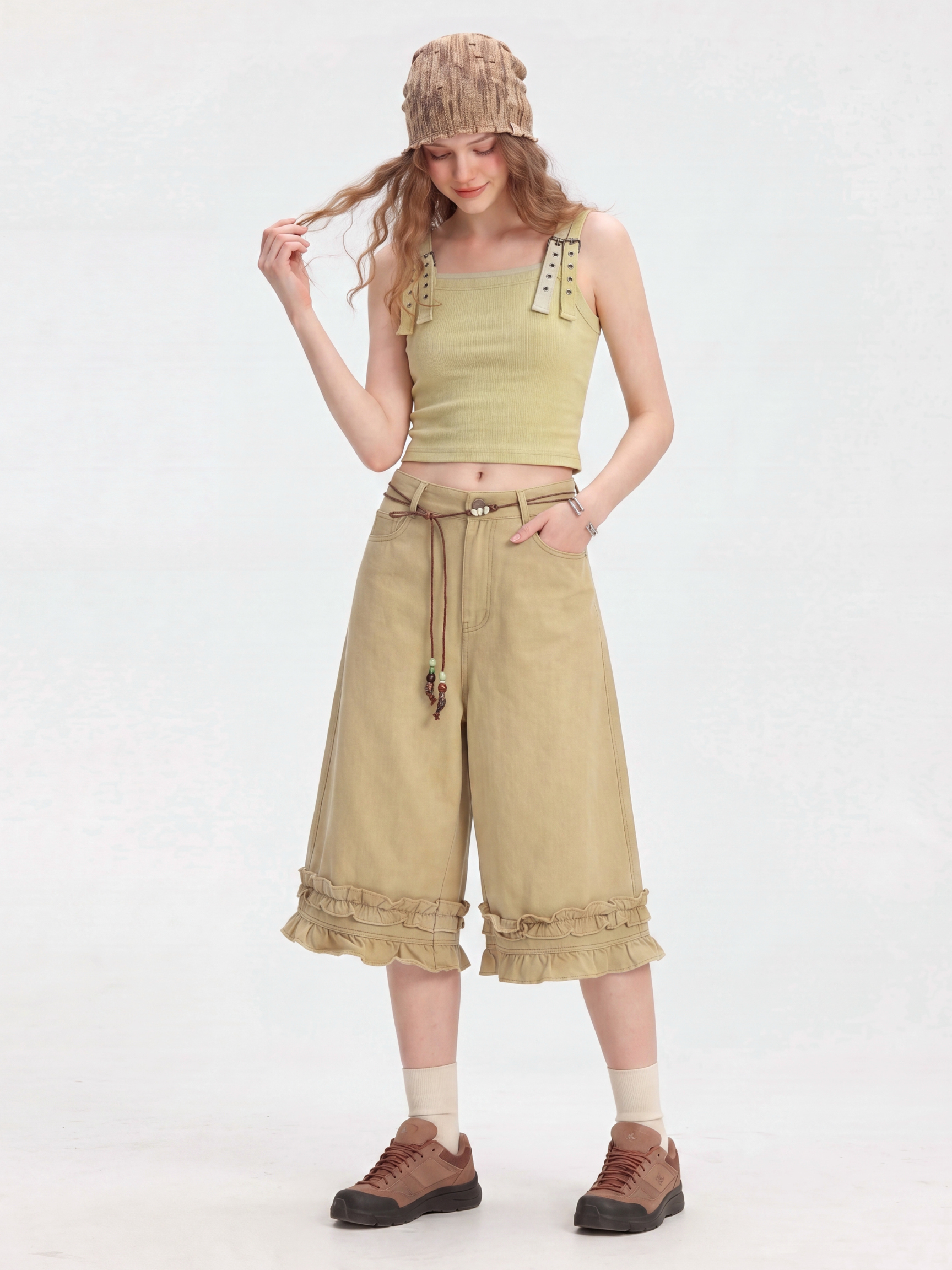 SilkStride - Women's Cotton Ruffle Hem Wide-Leg Cropped Pants