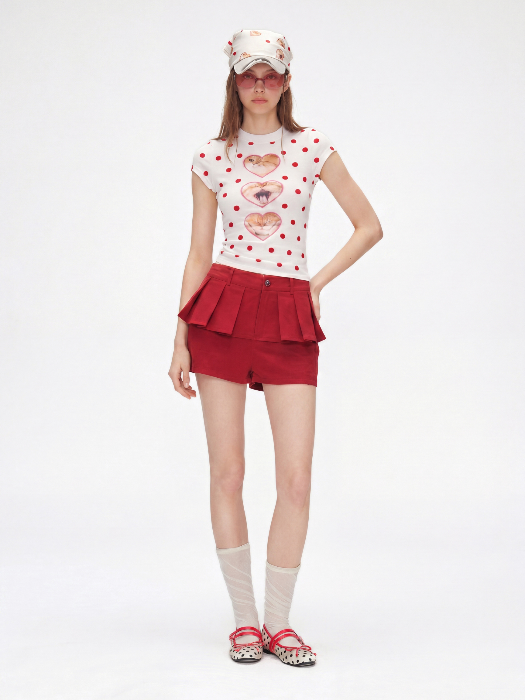 PopTart - Women's Polka Dot Cat Print Fitted Cropped T-Shirt