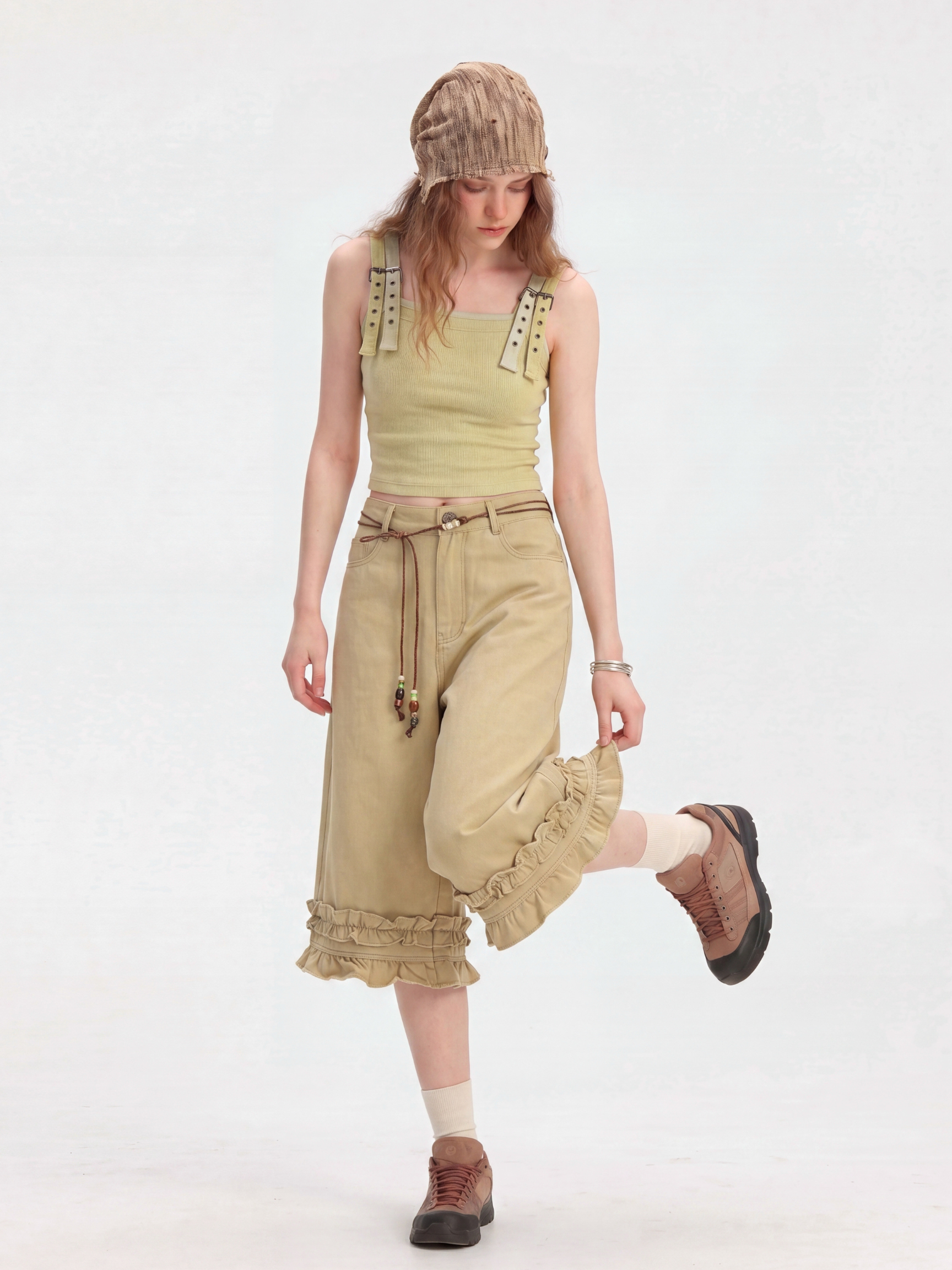 SatinFlow - Women's Adjustable Strap Two-Layer Look Cropped Tank Top