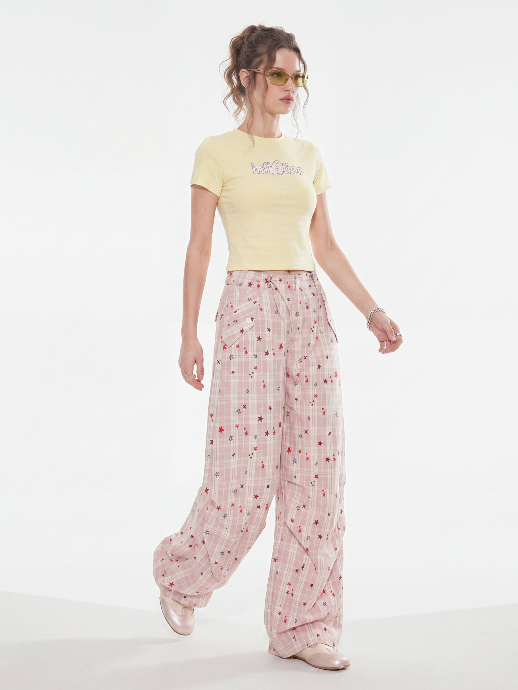 StarVeil - Women's Star Plaid Wide-Leg Curved Pants