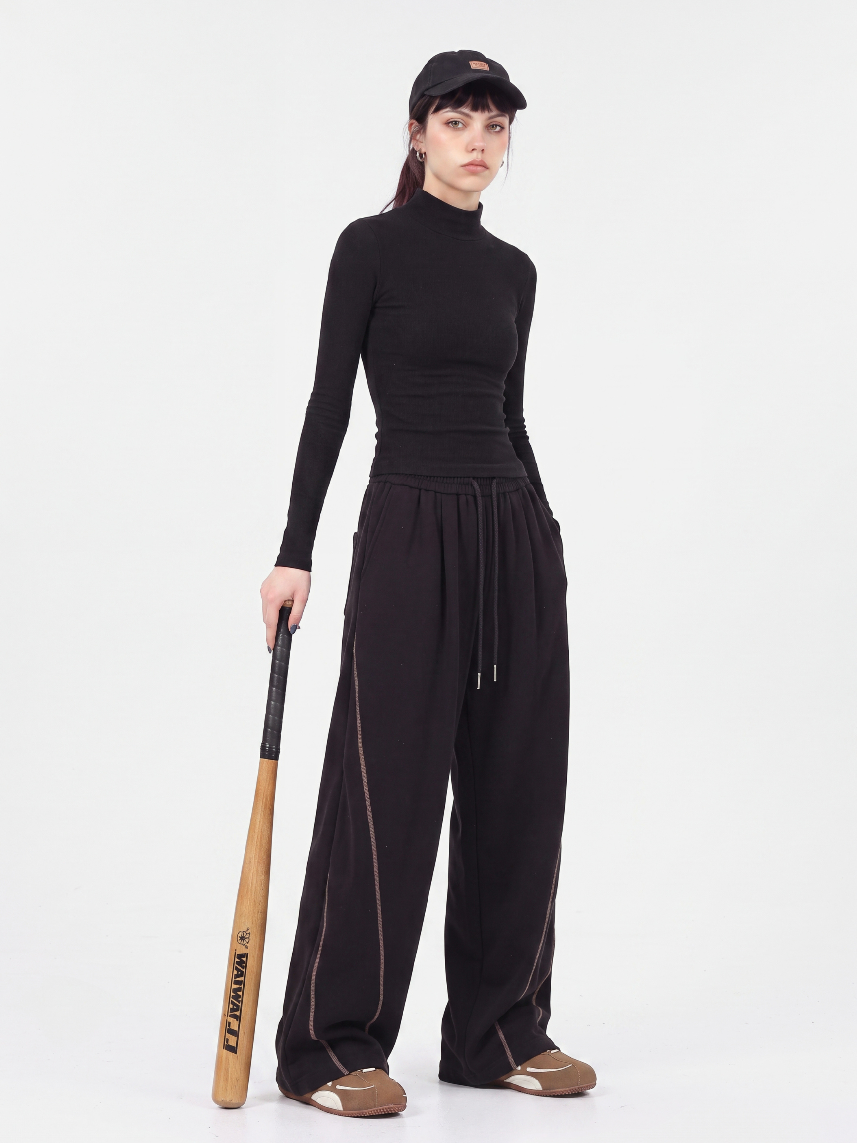 TraceSway - Women's Contrast Stitch Wide-Leg Pants