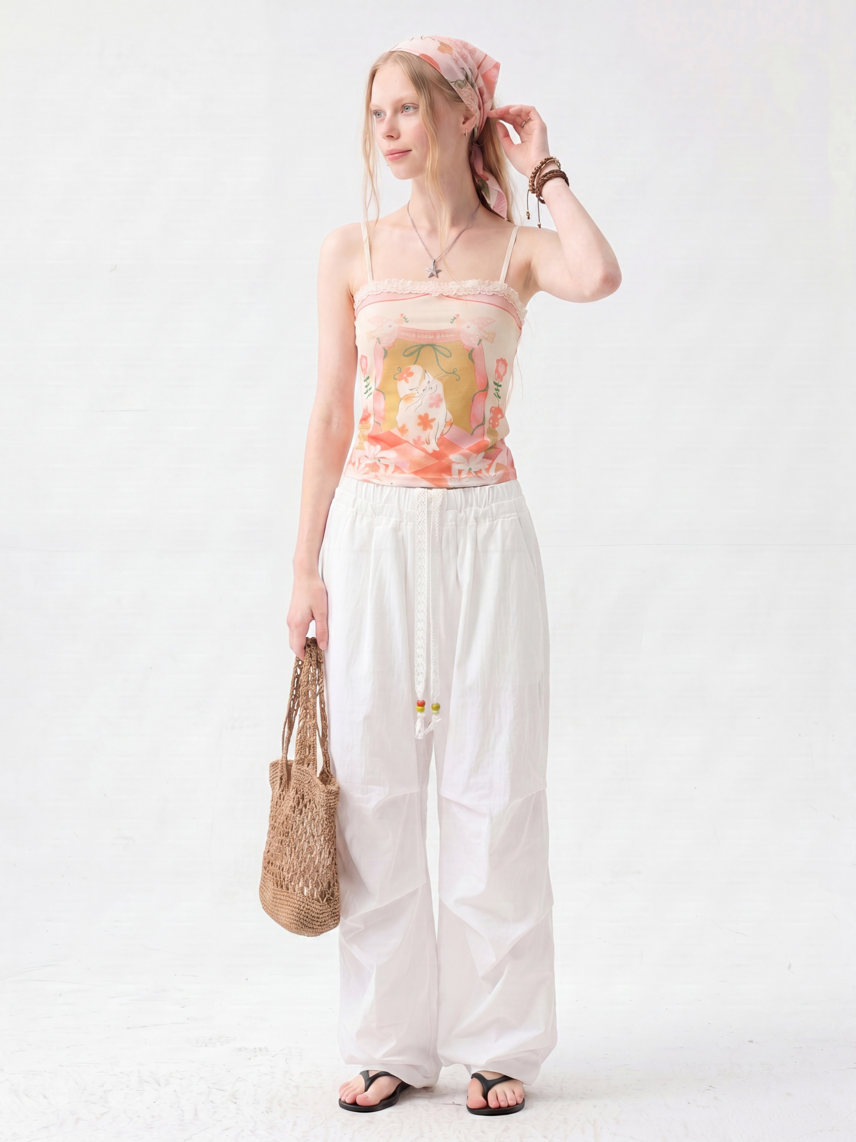 CherryGlow - Women's Floral Cat Print Lace Trim Cami Top