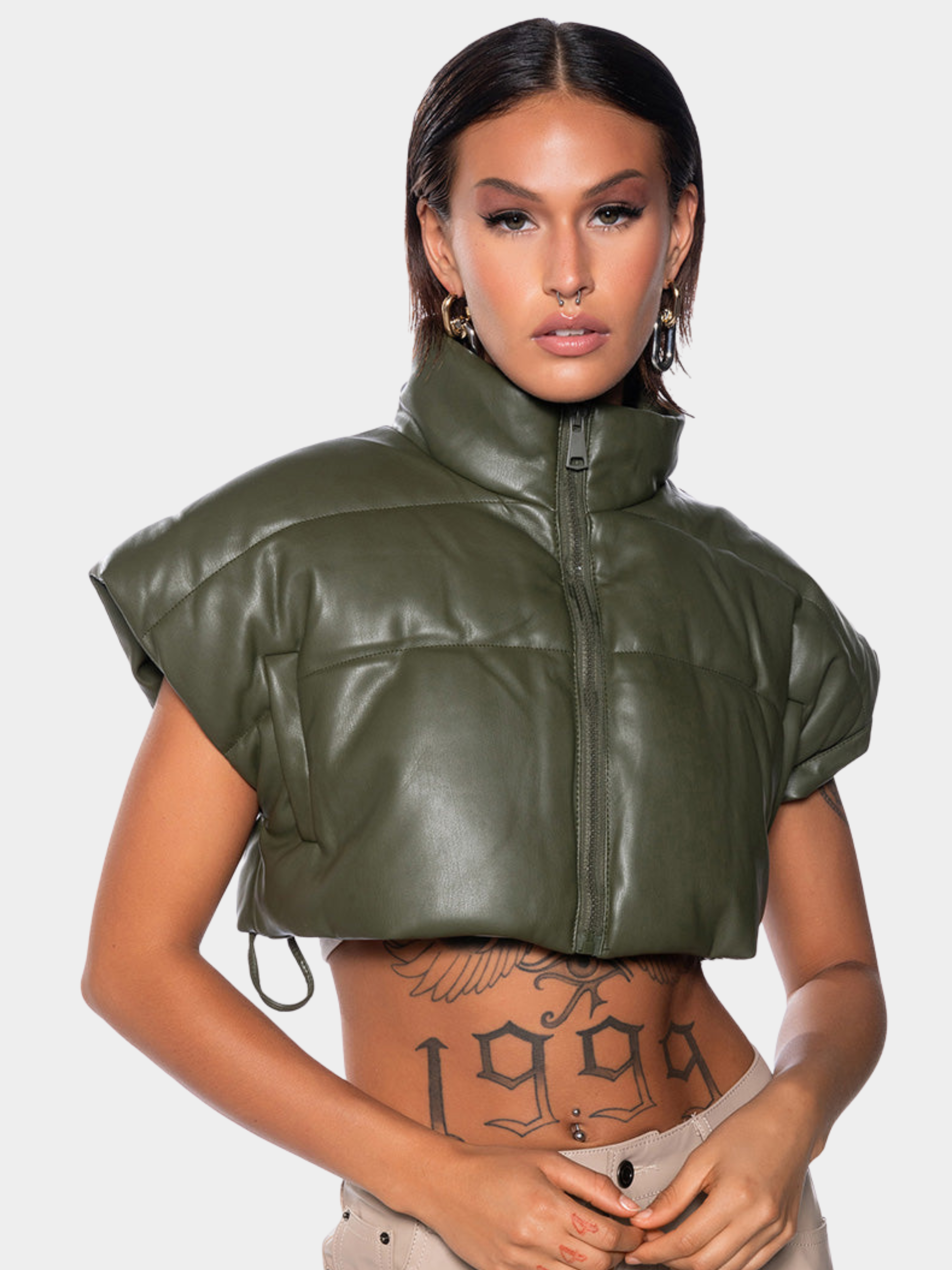 Snowscape - Women's Duck Down Padded Leather-Look Stand Collar Vest