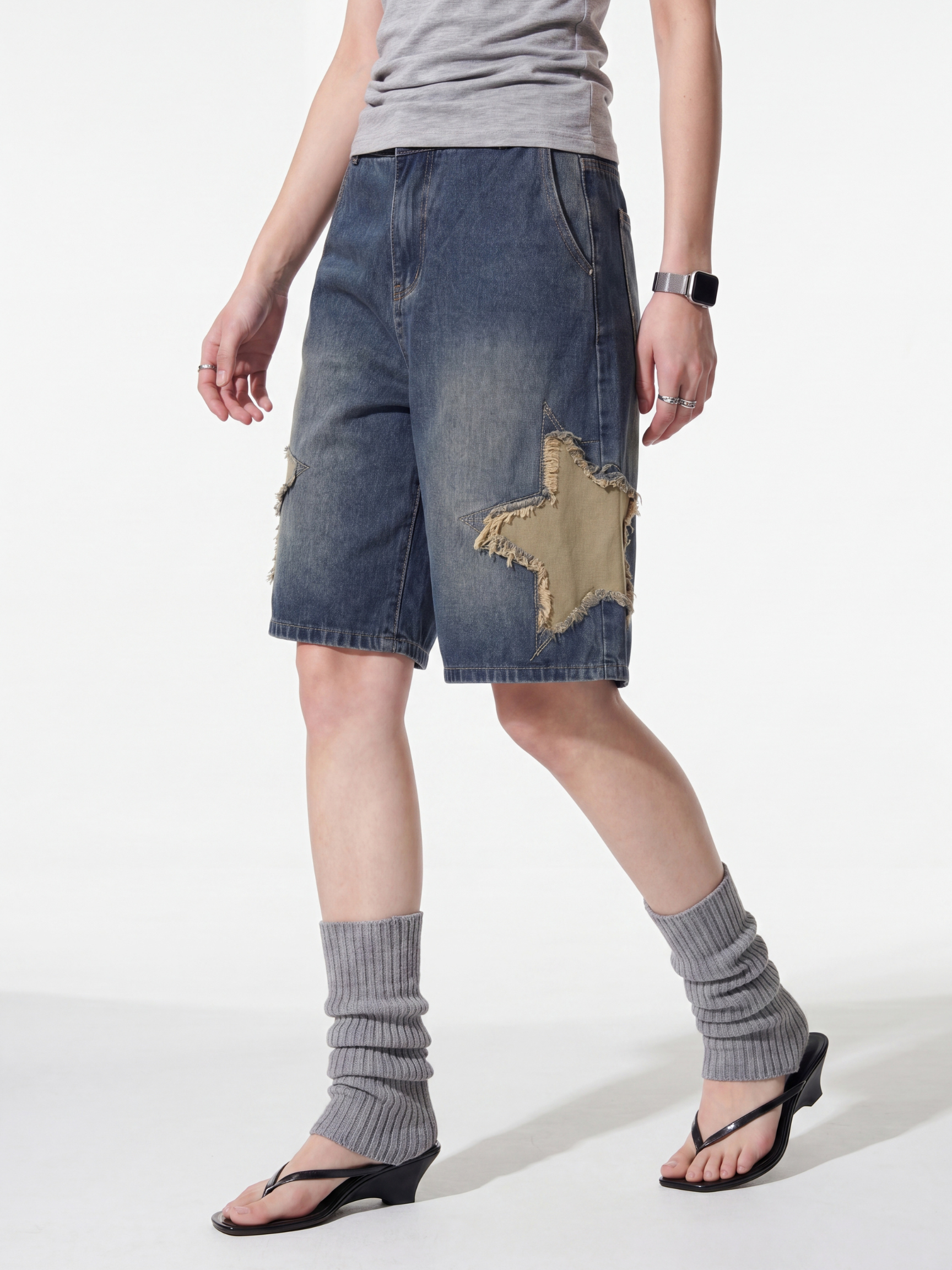 StarStitch - Women's Star Embroidered Denim Bermuda Shorts