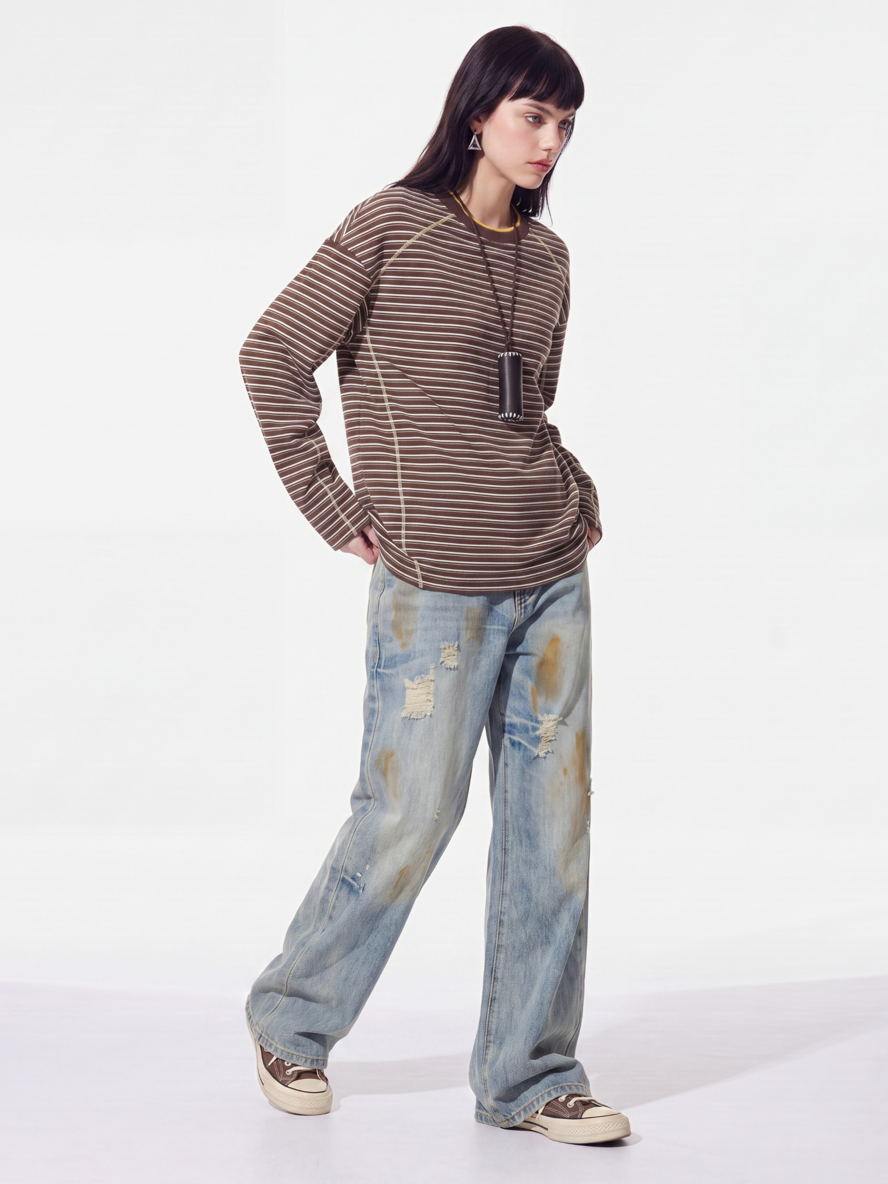 DualDrift - Color-Block Striped Crew Neck T-Shirt