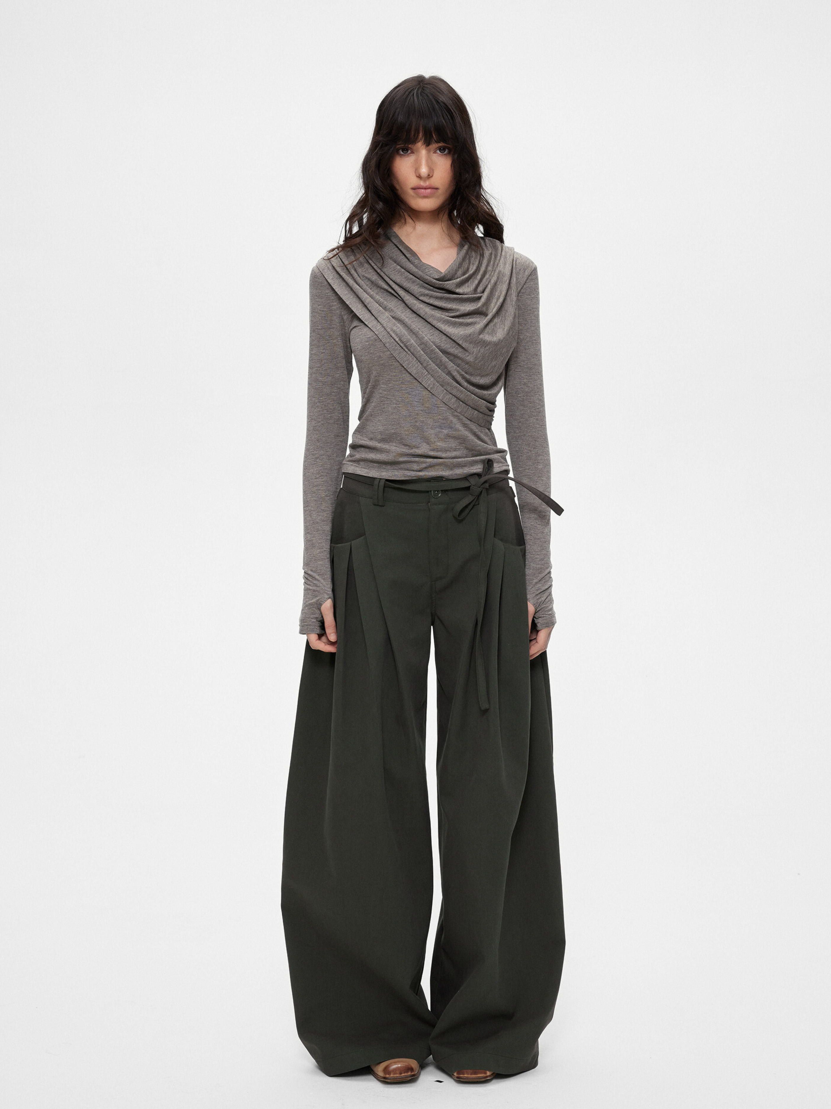 Ashfall - Women's TENCEL™ Wool Asymmetrical Cowl-Neck Long Sleeve