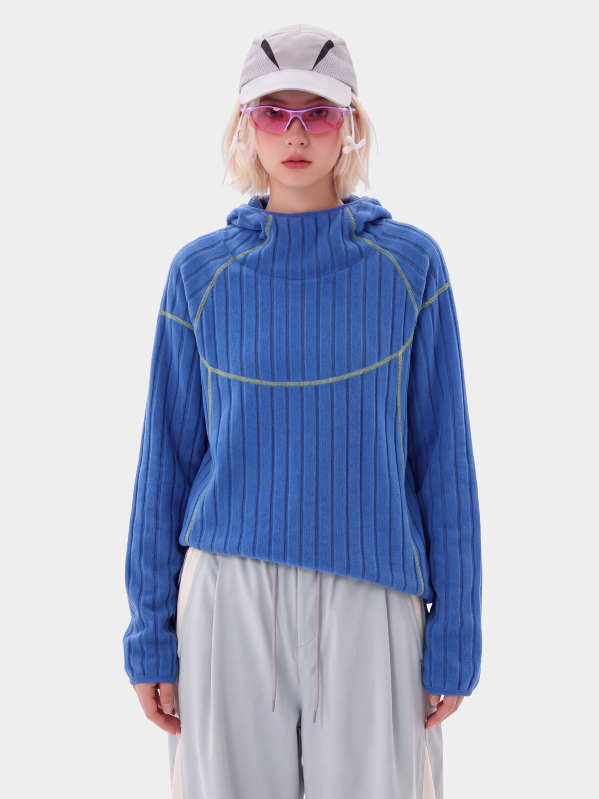 FlipHush - Textured Contrast-Stripe Hooded T-Shirt