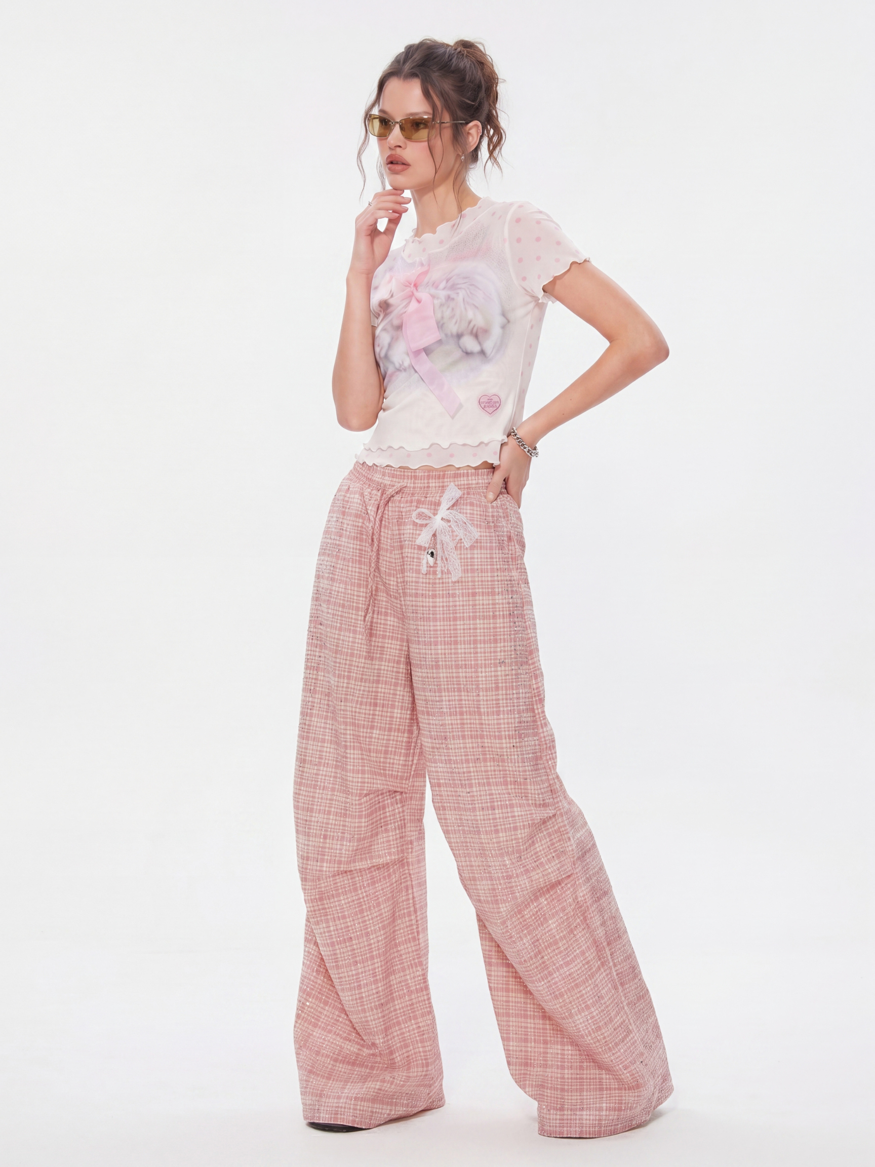 CupidFloat - Women's Plaid Rhinestone Embroidered Curved-Leg Pants