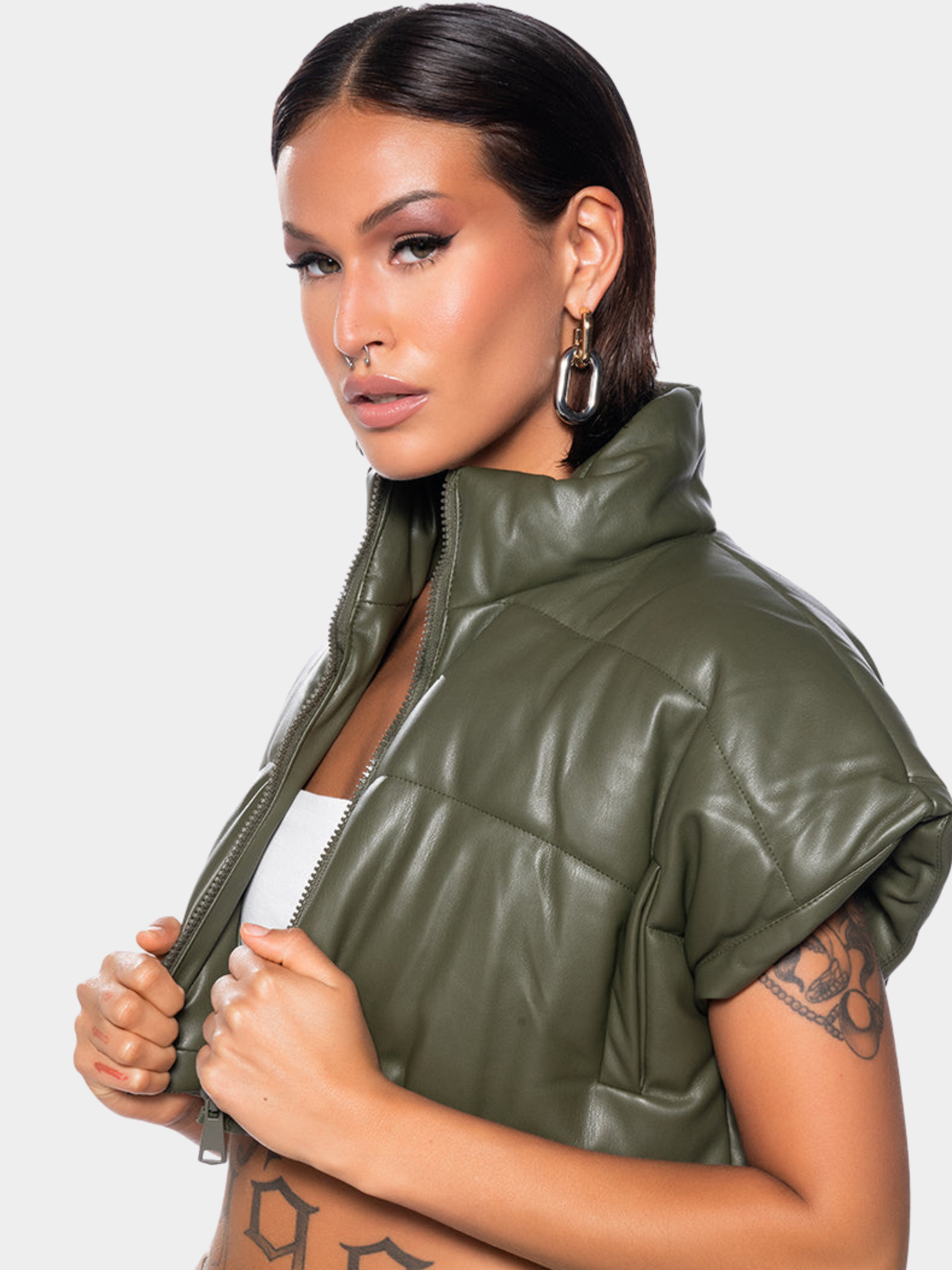 Snowscape - Women's Duck Down Padded Leather-Look Stand Collar Vest