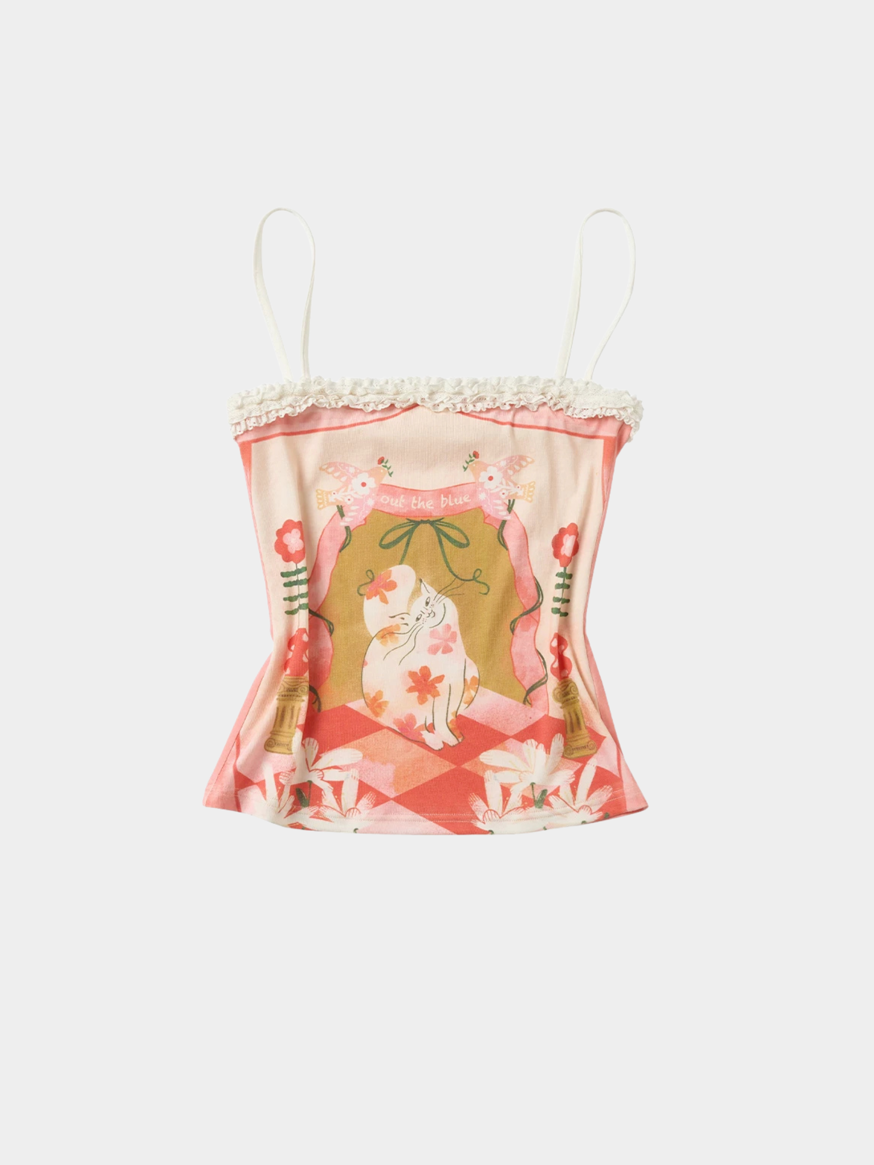 CherryGlow - Women's Floral Cat Print Lace Trim Cami Top