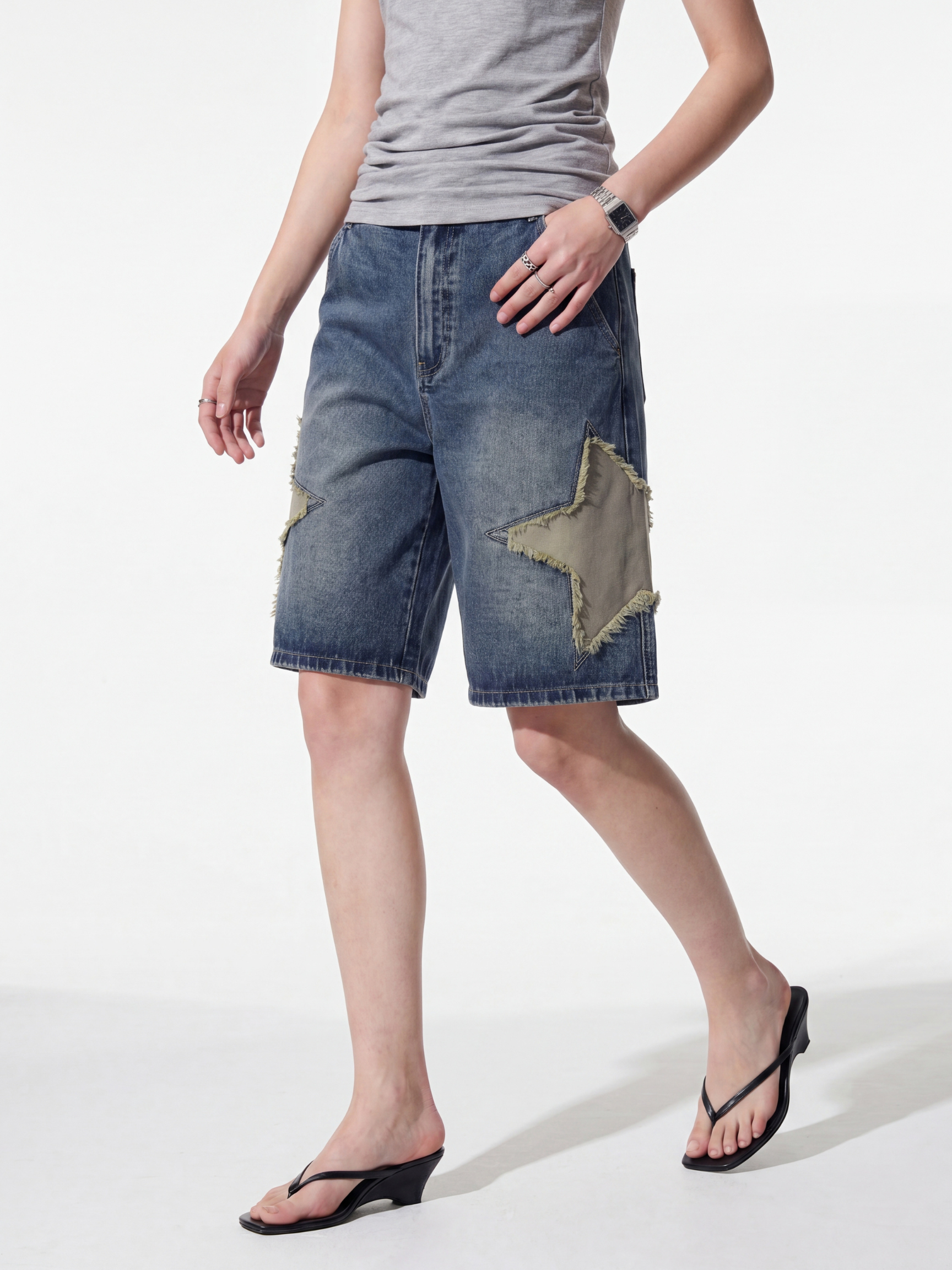 StarStitch - Women's Star Embroidered Denim Bermuda Shorts