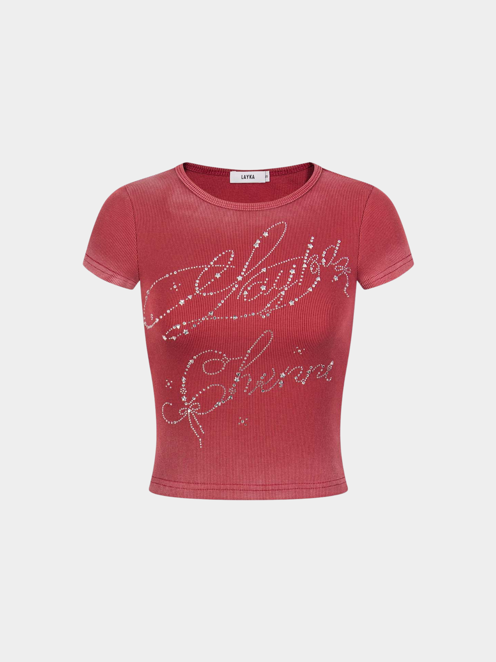 GlitzTee - Women's Gradient Washed Rhinestone Letter Crew Neck Top