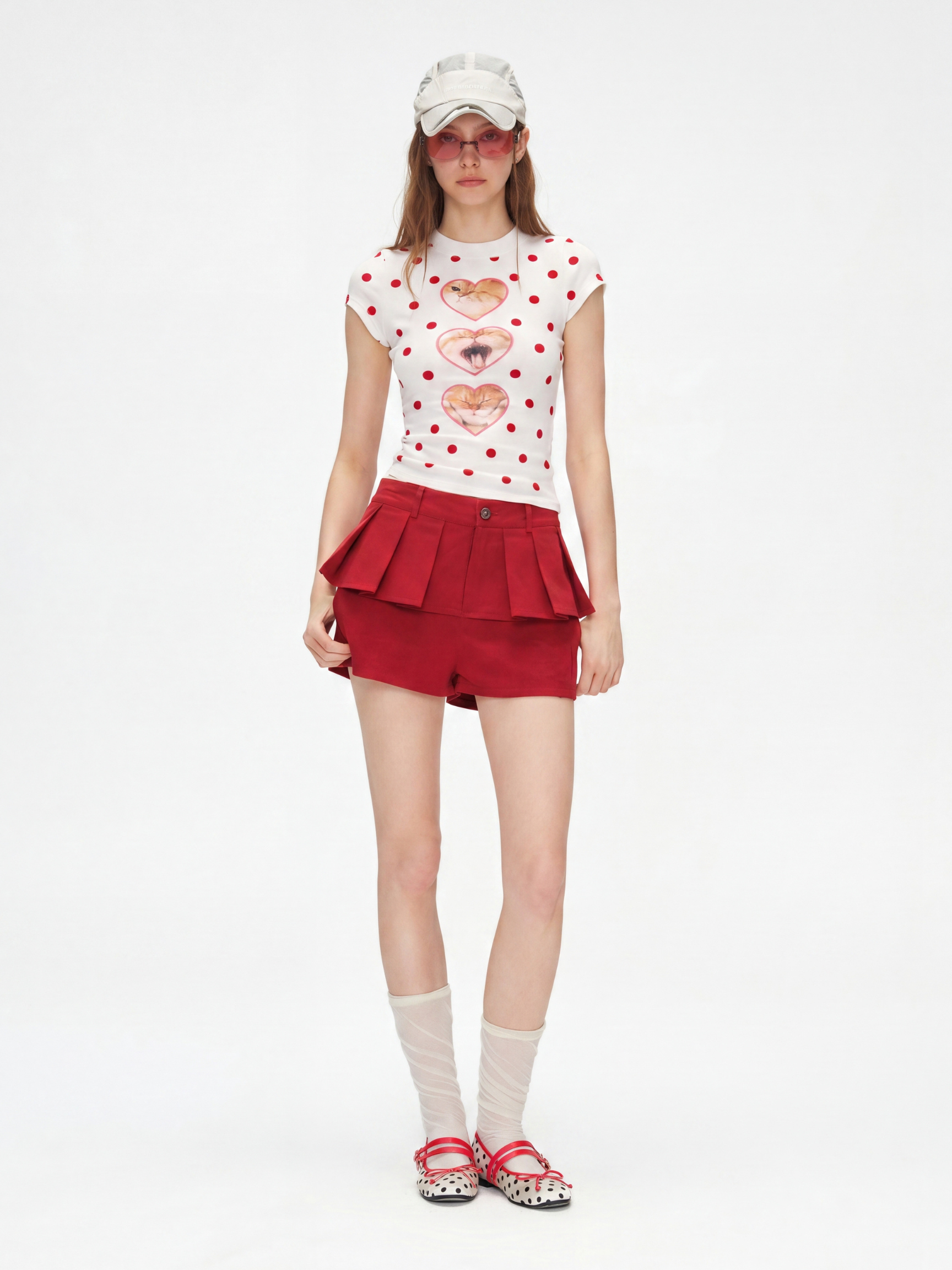 PopTart - Women's Polka Dot Cat Print Fitted Cropped T-Shirt
