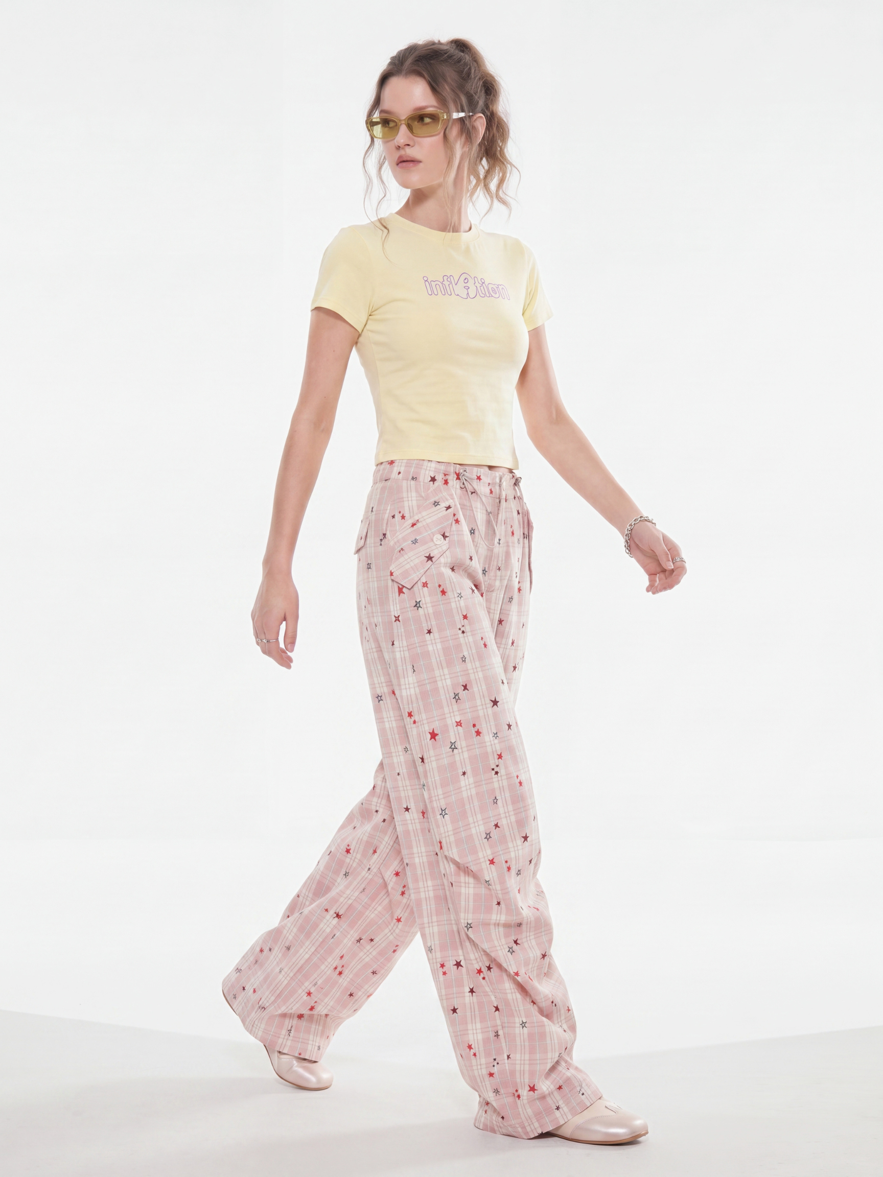 StarVeil - Women's Star Plaid Wide-Leg Curved Pants