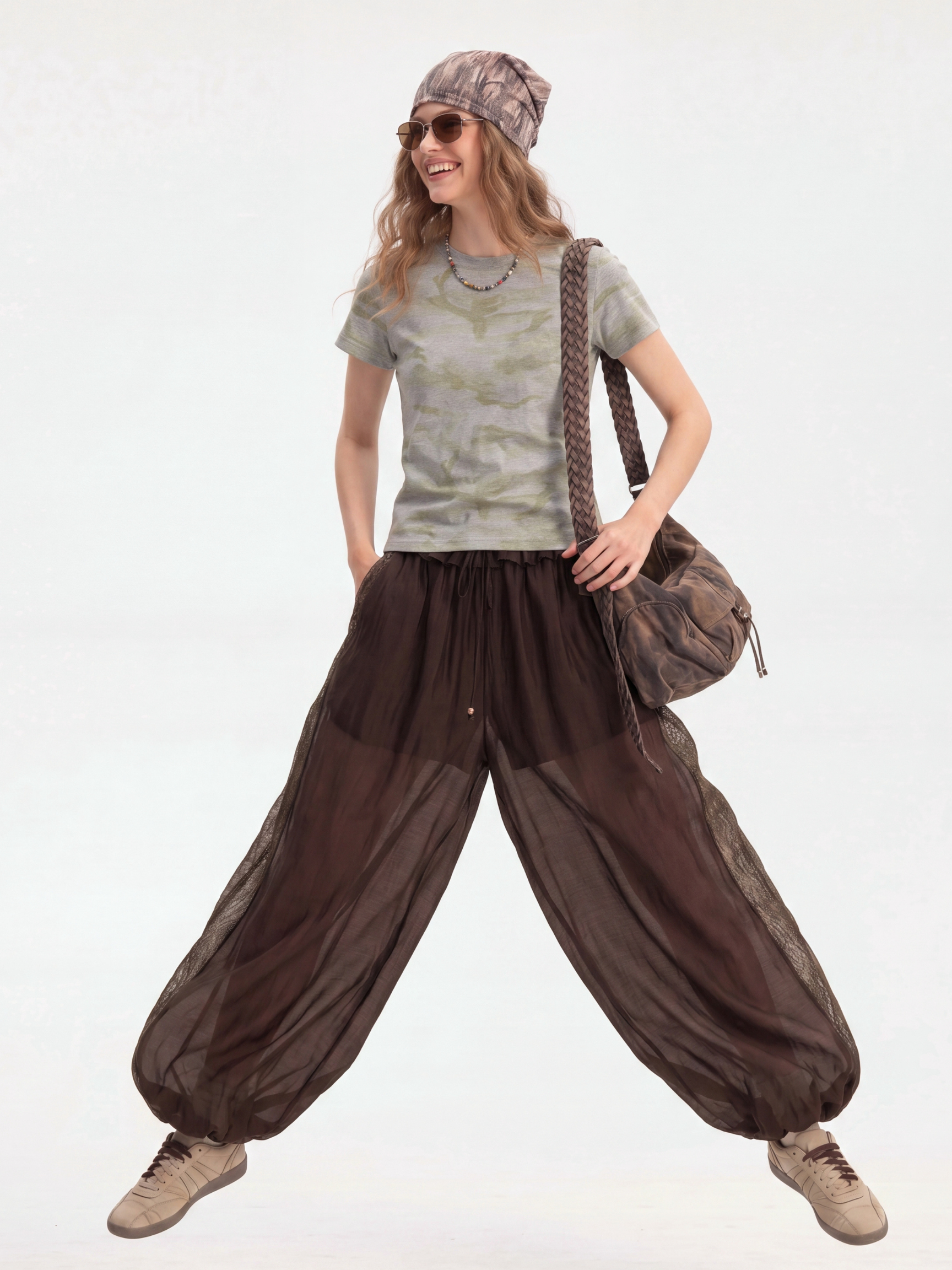 BirchWisp - Women's Lace Panel Drawstring Waist Balloon Pants