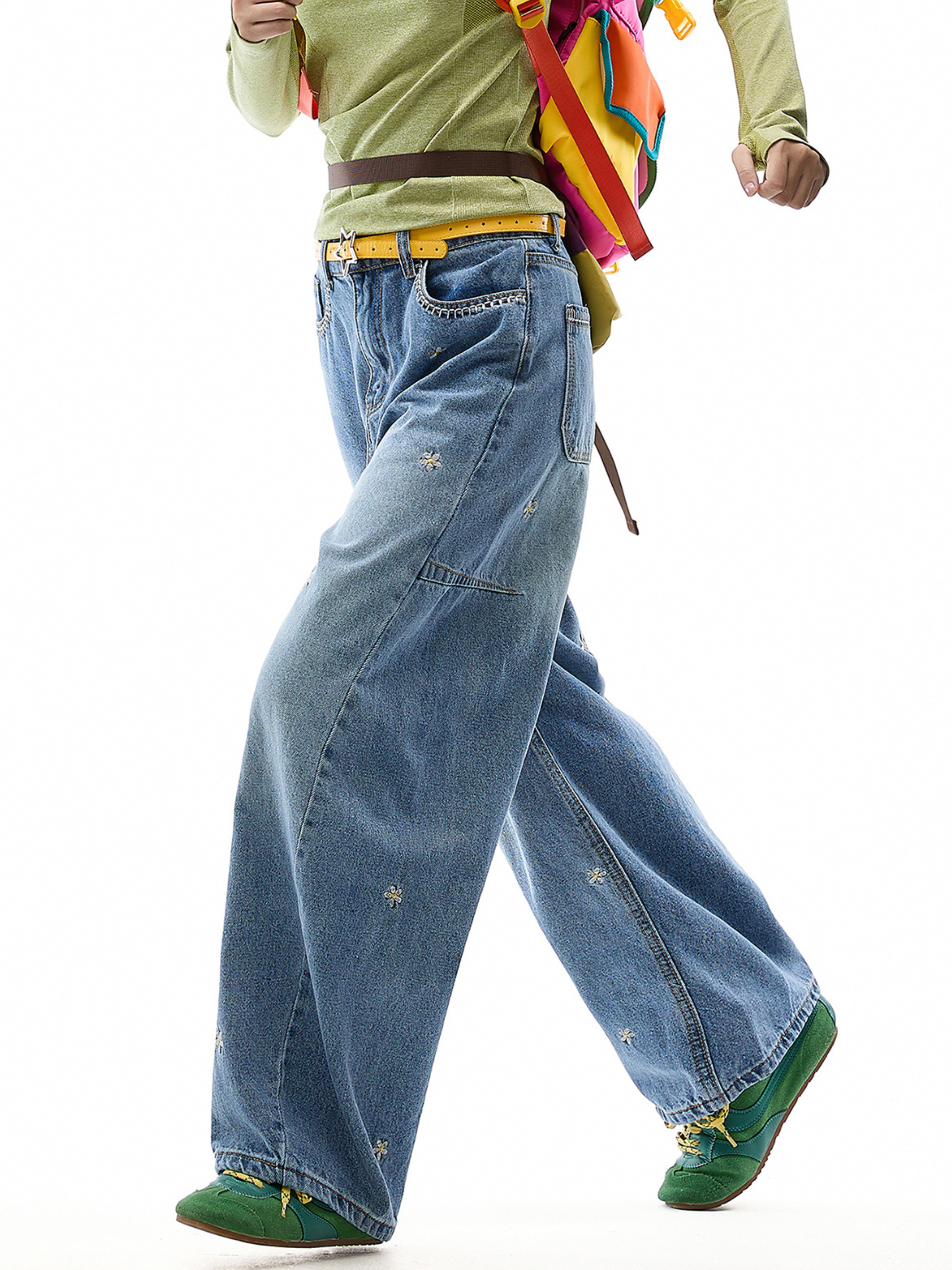 Wildheart - Women's Floral Embroidered Wide-Leg Washed Jeans