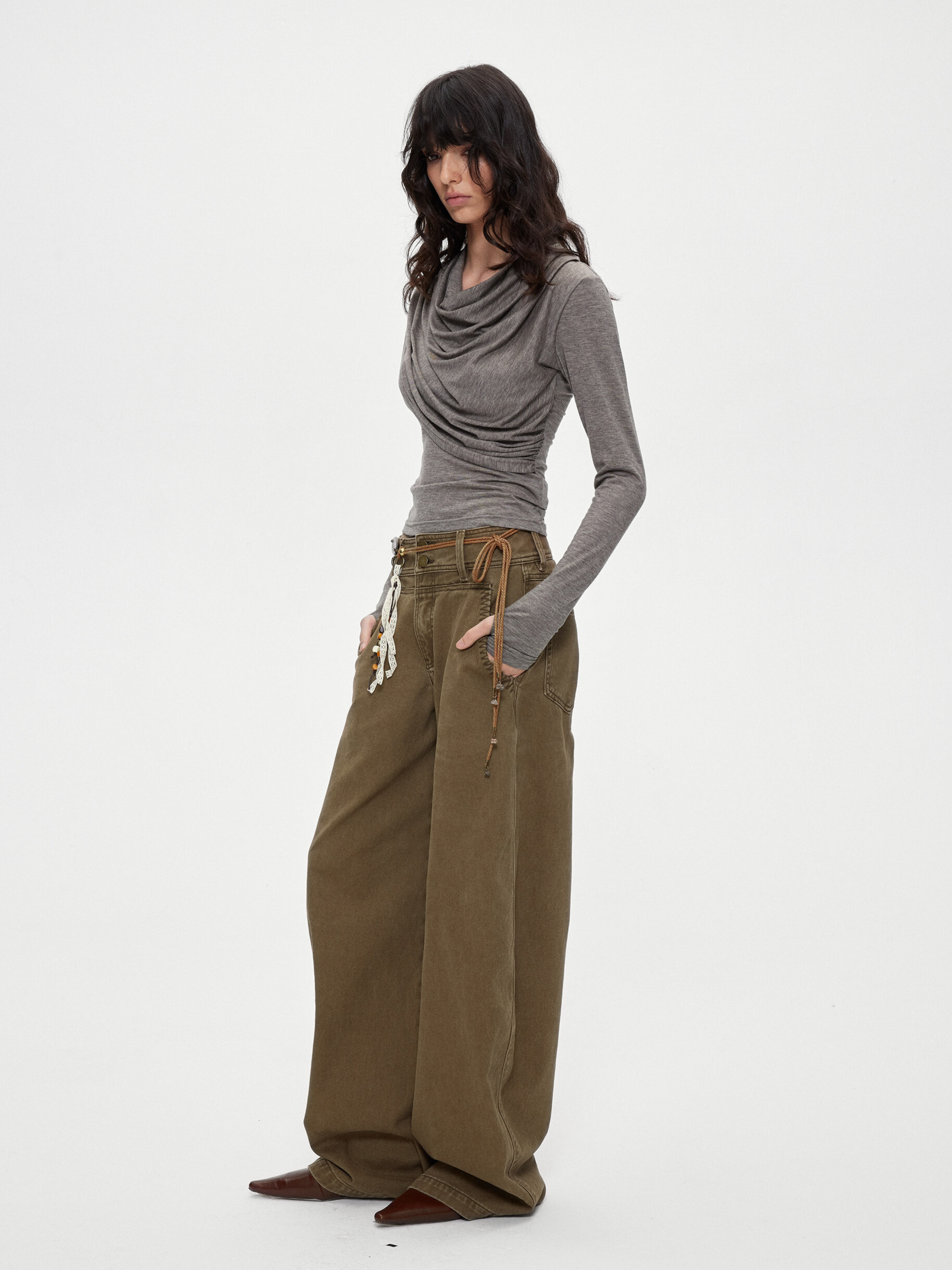 Ashgap - Women's Dual-Button Twill Cotton Curved-Leg Pants