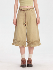 SilkStride - Women's Cotton Ruffle Hem Wide-Leg Cropped Pants