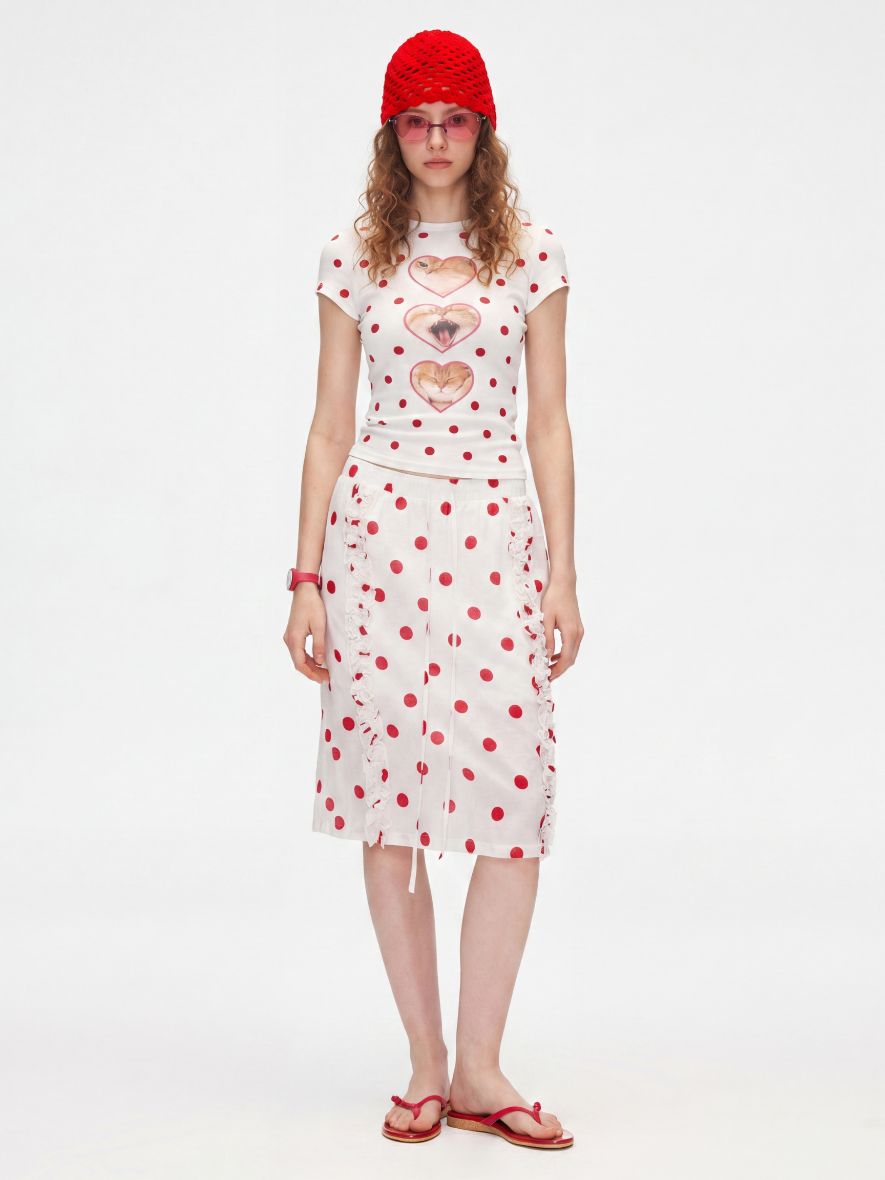 PopTart - Women's Polka Dot Cat Print Fitted Cropped T-Shirt