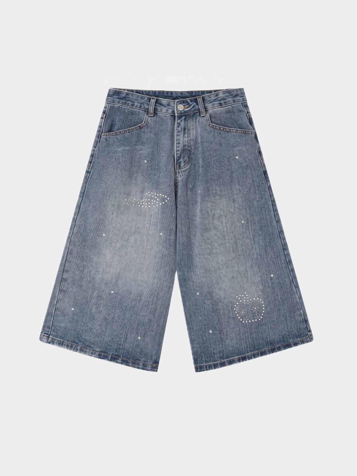 Mudcrack - Unisex Breathable Rhinestone Star Washed Denim Jeans
