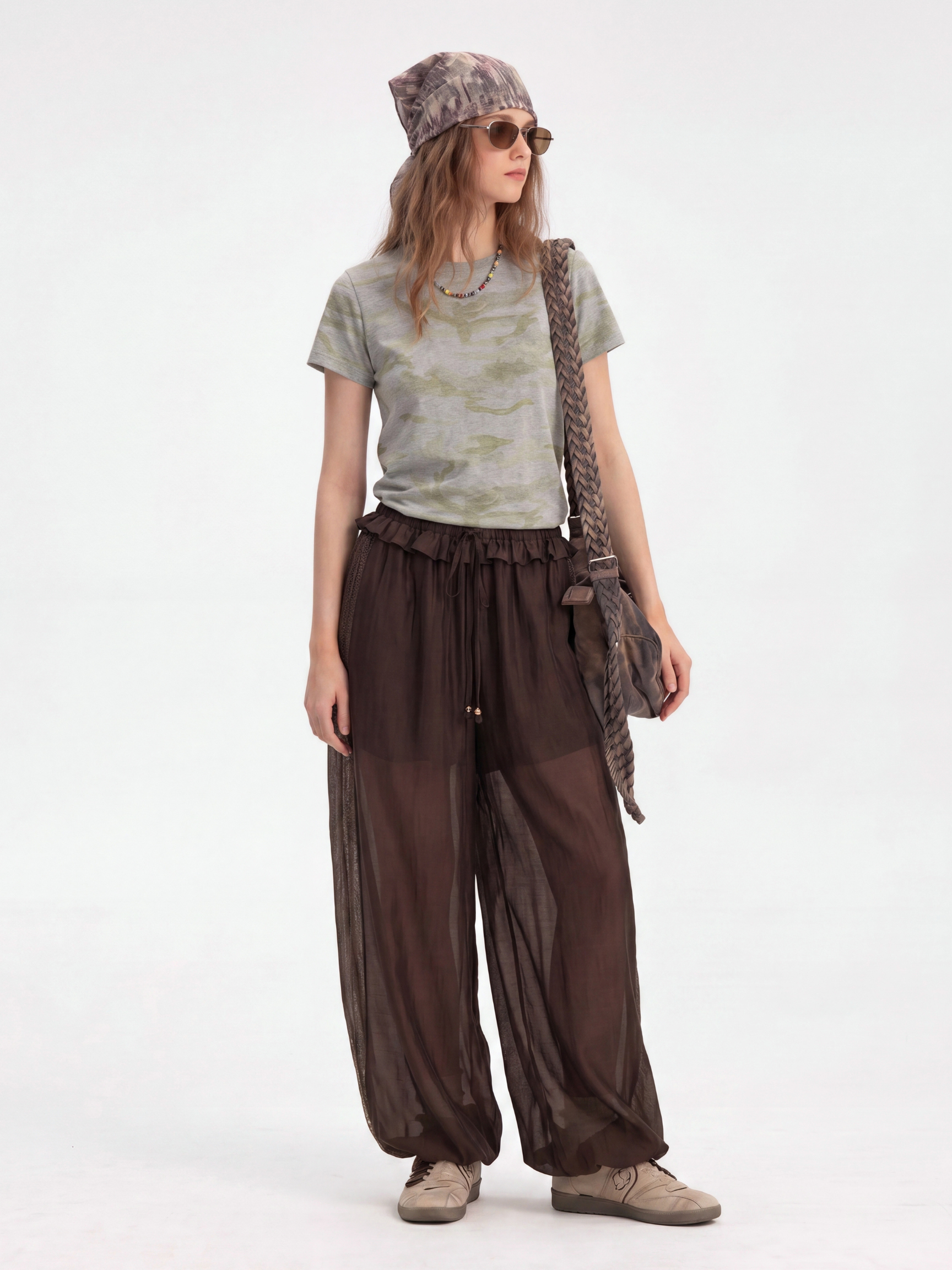 BirchWisp - Women's Lace Panel Drawstring Waist Balloon Pants