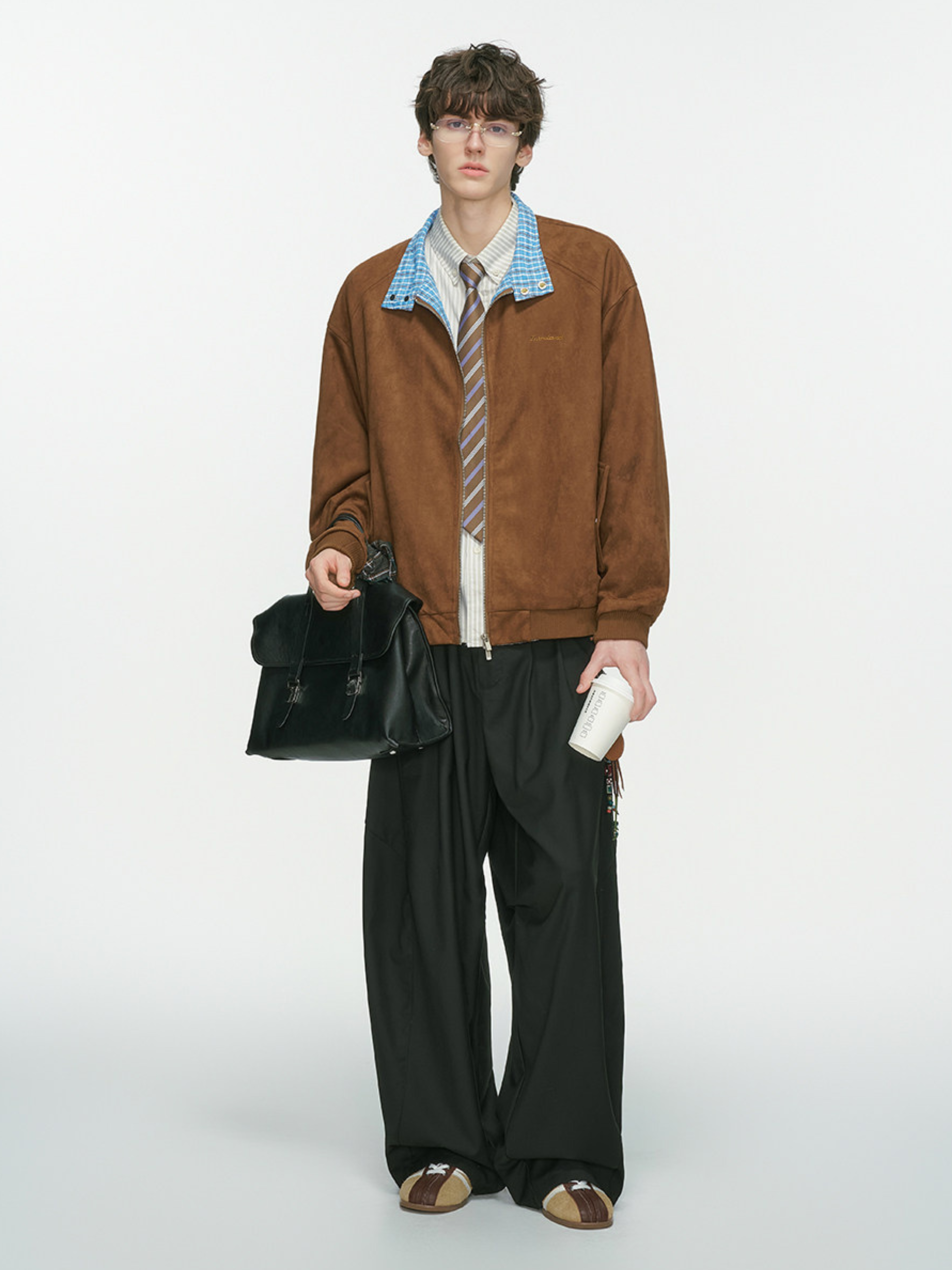 Cougarsong - Men's Check Panel Faux Suede Jacket