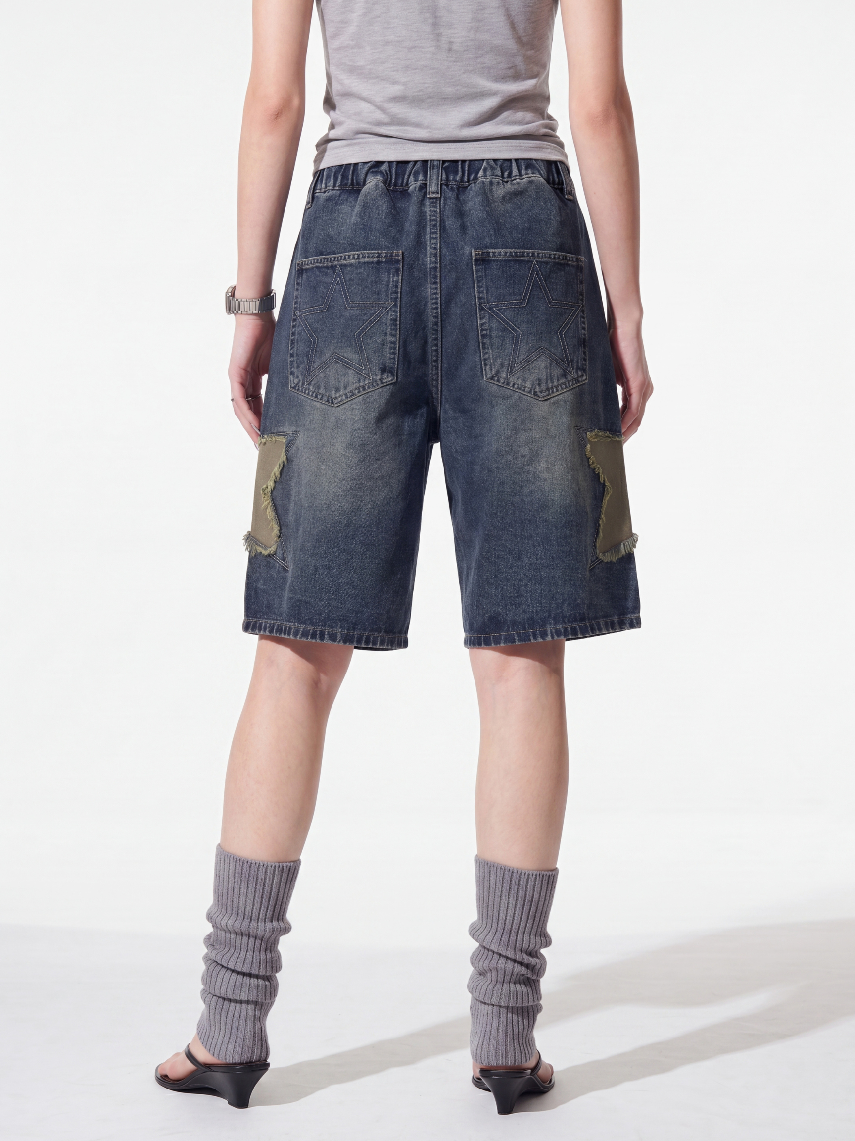 StarStitch - Women's Star Embroidered Denim Bermuda Shorts