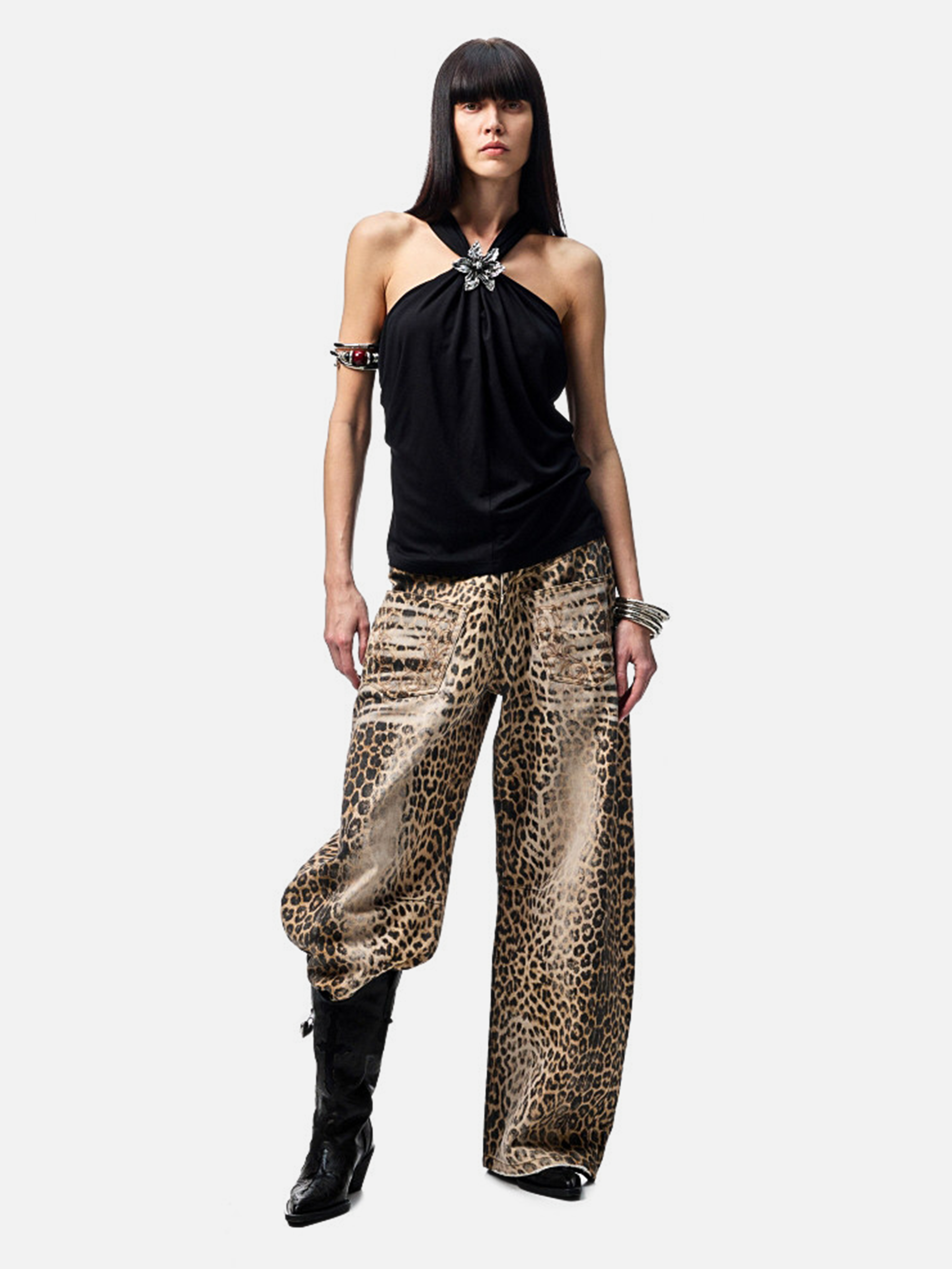 Nightflare - Women's Washed Leopard Print Canvas Barrel-Leg Pants