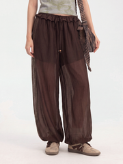 BirchWisp - Women's Lace Panel Drawstring Waist Balloon Pants